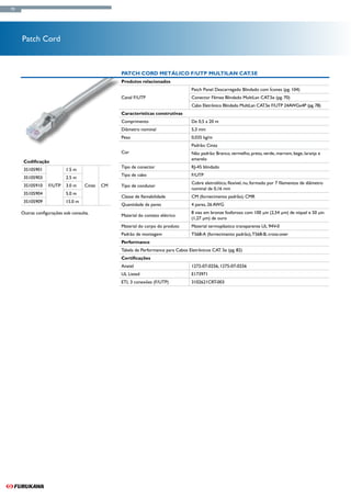 70




     Patch Cord



                                                 Patch Cord metálico F/UTP MultiLan CAT.5e
                                                 Produtos relacionados
                                                                                    Patch Panel Descarregado Blindado com Ícones (pg. 104)
                                                 Canal F/UTP                        Conector Fêmea Blindado MultiLan CAT.5e (pg. 70)
                                                                                    Cabo Eletrônico Blindado MultiLan CAT.5e F/UTP 24AWGx4P (pg. 78)
                                                 Características construtivas
                                                 Comprimento                        De 0,5 a 20 m
                                                 Diâmetro nominal                   5,3 mm
                                                 Peso                               0,035 kg/m
                                                                                    Padrão: Cinza
                                                 Cor                                Não padrão: Branco, vermelho, preto, verde, marrom, bege, laranja e
                                                                                    amarelo
      Codificação
                                                 Tipo de conector                   RJ-45 blindado
      35105901             1.5 m
                                                 Tipo de cabo                       F/UTP
      35105903             2.5 m
                                                                                    Cobre eletrolítico, flexível, nu, formado por 7 filamentos de diâmetro
      35105910    F/UTP    3.0 m    Cinza   CM   Tipo de condutor
                                                                                    nominal de 0,16 mm
      35105904             5.0 m
                                                 Classe de flamabilidade            CM (fornecimento padrão), CMR
      35105909             15.0 m
                                                 Quantidade de pares                4 pares, 26 AWG
     Outras configurações sob consulta.                                             8 vias em bronze fosforoso com 100 µin (2,54 µm) de níquel e 50 µin
                                                 Material do contato elétrico
                                                                                    (1,27 µm) de ouro
                                                 Material do corpo do produto       Material termoplástico transparente UL 94V-0
                                                 Padrão de montagem                 T568-A (fornecimento padrão), T568-B, cross-over
                                                 Performance
                                                 Tabela de Performance para Cabos Eletrônicos CAT. 5e (pg. 82)
                                                 Certificações
                                                 Anatel                             1272-07-0256, 1275-07-0256
                                                 UL Listed                          E173971
                                                 ETL 3 conexões (F/UTP)             3102621CRT-003
 