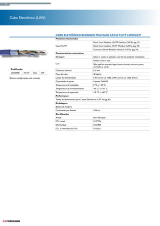 78




     Cabo Eletrônico (LAN)



                                               Cabo Eletrônico Blindado MultiLan CAT.5e F/UTP 24AWGx4P
                                               Produtos relacionados
                                                                                        Patch Cord Metálico U/UTP MultiLan CAT.5e (pg. 71)
                                               Canal F/UTP                              Patch Cord metálico F/UTP MultiLan CAT.5e (pg. 70)
                                                                                        Conector Fêmea Blindado MultiLan CAT.5e (pg. 74)
                                               Características construtivas
                                               Blindagem                                Sobre o núcleo é aplicado uma fita de poliéster metalizado.
                                                                                        Padrão: cinza e azul
                                               Cor                                      Não padrão: amarelo, bege, branco, laranja, marrom, preto,
                                                                                        vermelho e verde
      Codificação
                                               Diâmetro nominal                         6,2 mm
      23350008      F/UTP     Azul        CM
                                               Peso del cabo                            40 kg/km
     Outras configurações sob consulta.        Classe de flamabilidade                  CM: norma UL 1685; CMR: norma UL 1666 (Riser)
                                               Quantidade de pares                      4 pares, 24 AWG
                                               Temperatura de instalação                0 ºC a +40 °C
                                               Temperatura de armazenamento             -40 °C a +70 °C
                                               Temperatura de operação                  -10 °C a +60 °C
                                               Performance
                                               Tabela de Performance para Cabos Eletrônicos CAT. 5e (pg. 82)
                                               Embalagem
                                               Bobina de madeira
                                               Quantidade por Bobina                    1500 m
                                               Certificações
                                               Anatel                                   0037-08-0256
                                               ETL Listed                               3177774
                                               ETL Verified                             3161909
                                               ETL 3 conexões (F/UTP)                   3102621
 