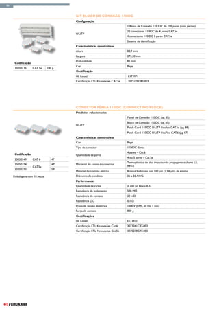 86



                                       Kit Bloco de Conexão 110IDC
                                       Configuração
                                                                            1 Bloco de Conexão 110 IDC de 100 pares (com pernas)
                                                                            20 conectores 110IDC de 4 pares CAT.5e
                                       U/UTP
                                                                            4 conectores 110IDC 5 pares CAT.5e
                                                                            Sistema de identificação
                                       Características construtivas
                                       Altura                               88,9 mm
                                       Largura                              272,30 mm
                                       Profundidade                         85 mm
      Codificação
                                       Cor                                  Bege
      35050175      CAT. 5e    100 p
                                       Certificação
                                       UL Listed                            E173971
                                       Certificação ETL 4 conexões CAT.5e   3075278CRT-003




                                       Conector Fêmea 110IDC (connecting block)
                                       Produtos relacionados
                                                                            Painel de Conexão 110IDC (pg. 85)
                                                                            Bloco de Conexão 110IDC (pg. 85)
                                       U/UTP
                                                                            Patch Cord 110IDC U/UTP Fisaflex CAT.5e (pg. 88)
                                                                            Patch Cord 110IDC U/UTP FisaFlex CAT.6 (pg. 87)
                                       Características construtivas
                                       Cor                                  Bege
                                       Tipo de conector                     110IDC fêmea
                                                                            4 pares – Cat.6
      Codificação                      Quantidade de pares
                                                                            4 ou 5 pares – Cat.5e
      35050349      CAT. 6        4P
                                                                            Termoplástico de alto impacto não propagante a chama UL
      35050374                    4P   Marterial do corpo do conector
                    CAT.5e                                                  94V-0
      35050373                    5P
                                       Material do contato elétrico         Bronce fosforoso con 100 μin (2,54 μm) de estaño
     Embalagens com 10 peças           Diâmetro do condutor                 26 a 22 AWG
                                       Performance
                                       Quantidade de ciclos                 ≥ 200 no bloco IDC
                                       Resistência de Isolamento            500 MΩ
                                       Resistência de contato               20 mΩ
                                       Resistência DC                       0,1 Ω
                                       Prova de tensão dielétrica           1000 V (RMS, 60 Hz, 1 min)
                                       Força de contato                     800 g
                                       Certificações
                                       UL Listed                            E173971
                                       Certificação ETL 4 conexões Cat.6    3073041CRT-003
                                       Certificação ETL 4 conexões Cat.5e   3075278CRT-003
 