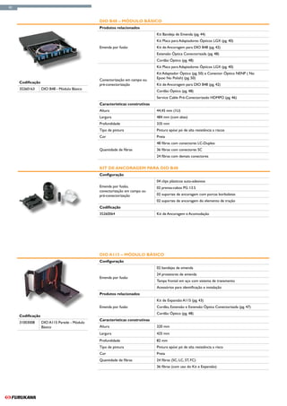 42



                                              DIO B48 – Módulo Básico
                                              Produtos relacionados
                                                                             Kit Bandeja de Emenda (pg. 44)
                                                                             Kit Placa para Adaptadores Ópticos LGX (pg. 40)
                                              Emenda por fusão               Kit de Ancoragem para DIO B48 (pg. 42)
                                                                             Extensão Óptica Conectorizada (pg. 48)
                                                                             Cordão Óptico (pg. 48)
                                                                             Kit Placa para Adaptadores Ópticos LGX (pg. 40)
                                                                             Kit Adaptador Óptico (pg. 50) e Conector Óptico NENP ( No
                                              Conectorização em campo ou     Epoxi No Polish) (pg. 50)
     Codificação
                                              pré-conectorização             Kit de Ancoragem para DIO B48 (pg. 42)
     35260163      DIO B48 - Módulo Básico
                                                                             Cordão Óptico (pg. 48)
                                                                             Service Cable Pré-Conectorizado HDMPO (pg. 46)
                                              Características construtivas
                                              Altura                         44,45 mm (1U)
                                              Largura                        484 mm (com abas)
                                              Profundidade                   335 mm
                                              Tipo de pintura                Pintura epóxi pó de alta resistência a riscos
                                              Cor                            Preta
                                                                             48 fibras com conectores LC-Duplex
                                              Quantidade de fibras           36 fibras com conectores SC
                                                                             24 fibras com demais conectores


                                              Kit de Ancoragem para DIO B48
                                              Configuração
                                                                             04 clips plásticos auto-adesivos
                                              Emenda por fusão,              02 prensa-cabos PG 13.5
                                              conectorização em campo ou
                                              pré-conectorização             02 suportes de ancoragem com porcas borboletas
                                                                             02 suportes de ancoragem do elemento de tração
                                              Codificação
                                              35260064                       Kit de Ancoragem e Acomodação




                                              DIO A115 – Módulo Básico
                                              Configuração
                                                                             02 bandejas de emenda
                                                                             24 protetores de emenda
                                              Emenda por fusão
                                                                             Tampa frontal em aço com sistema de travamento
                                                                             Acessórios para identificação e instalação
                                              Produtos relacionados
                                                                             Kit de Expansão A115 (pg. 43)
                                              Emenda por fusão               Cordão, Extensão e Extensão Óptica Conectorizada (pg. 47)
                                                                             Cordão Óptico (pg. 48)
     Codificação
                                              Características construtivas
     31003008      DIO A115 Parede - Módulo
                   Básico                     Altura                         320 mm
                                              Largura                        425 mm
                                              Profundidade                   82 mm
                                              Tipo de pintura                Pintura epóxi pó de alta resistência a risco
                                              Cor                            Preta
                                              Quantidade de fibras           24 fibras (SC, LC, ST, FC)
                                                                             36 fibras (com uso do Kit e Expansão)
 