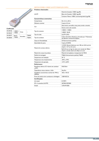 Patch Cord 110IDC U/UTP FisaFlex CAT.6
                                          Produtos relacionados
                                                                                         Painel de Conexão 110IDC (pg. 85)
                                          U/UTP                                          Bloco de Conexão 110IDC (pg. 85)
                                                                                         Conector Fêmea 110IDC (connecting block) (pg. 86)
                                          Características construtivas
                                          Comprimento                                    De 1,5 m a 20 m
                                          Diâmetro nominal                               4 pares: 5,2 mm
                                                                                         Azul, branco, vermelho, cinza, preto, verde e amarelo.
                                          Cor
                                                                                         Outras cores sob consulta
Codificação
                                                                                         110IDC / 110IDC
35120166   110IDC /                       Tipo de conector
                      Cinza      -                                                       110IDC / RJ-45
35120167   110IDC
                                          Tipo de cabo                                   U/UTP CAT.6
35120277   RJ-45 /               T568-B
                      Vermelho                                                           Cobre eletrolítico, flexível, nu, formado por 7 filamentos
35120243   110IDC                T568-A   Tipo de condutor
                                                                                         de diâmetro nominal de 0,20mm.
                                          Classe de Flamabilidade                        CM (fornecimento padrão)
                                          Quantidade de pares                            4 pares, 24 AWG
                                                                                         110 IDC: Bronze fosforoso com 100 μin (2,54 μm) de
                                                                                         níquel e 1,27 μm de ouro;
                                          Material do contato elétrico
                                                                                         RJ-45: 8 vias em liga de cobre com camada de 100μin
                                                                                         níquel e camada externa de 50μin em ouro
                                          Material do corpo do produto                   Material termoplástico transparente UL 94V-0
                                          Padrão de montagem                             T568-A (fornecimento padrão), T568-B
                                          Temperatura de instalação                      20 °C
                                          Temperatura de armazenamento                   -40ºC a 70ºC
                                          Temperatura de operação                        -10°C a 60ºC
                                          Performance
                                          Resistência elétrica CC máxima do condutor     93,8 Ω/km
                                          a 20ºC
                                          Capacitância mútua máxima a 1kHz               56 pF/m
                                          Impedância característica nominal de 1MHz a    100 ± 15% Ω
                                          250MHz
                                          Prova de tensão entre condutores e blindagem   1500 VDC/3s
                                          Certificações
                                          UL Listed                                      E173971
                                          ETL 4 conexões (U/UTP)                         3073041CRT-003
                                          Anatel                                         1276-07-0256




                                                                                                                                                      87
 