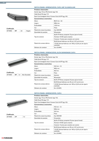 120



                                                   Patch Panel Gerenciável CAT.6 48P 2U Angular
                                                   Produtos relacionados
                                                   Scanner (pg. 115) ou Mini-Scanner (pg. 116)
                                                   Cable Round Flat (pg. 117)
                                                   Patch Cord Inteligente Smart Connect Cat.6 U/UTP (pg. 123)
                                                   Características construtivas
                                                   Altura                              88,10 mm - 2U
                                                   Largura                             482,6 mm
                                                   Profundidade                        153,0 mm
                                                   Cor                                 Preto
      Codificação
                                                   Material do corpo do produto        Aço SAE1020
      35710022      48P        2U        Angular
                                                   Quantidade de posições              48 posições
                                                                                       RJ-45 FTP fêmea compatível 10 pinos (parte frontal)
                                                   Tipo do conector                    Terminal 110 IDC (parte traseira)
                                                                                       Conector 14 pinos para conexão com scanner
                                                                                       RJ-45: Bronze fosforoso com 50 µin (1,27 µm) de ouro
                                                   Material do contato elétrico        110 IDC: Bronze fosforoso com 100 µin (2,54 μm) de níquel e
                                                                                       estanhado
                                                   Diâmetro do condutor                26 a 22 AWG


                                                   Patch Panel Gerenciável Alta Densidade CAT.6
                                                   Produtos relacionados
                                                   Scanner (pg. 115) ou Mini-Scanner (pg. 116)
                                                   Cable Round Flat (pg. 117)
                                                   Patch Cord Inteligente Smart Connect Cat.6 U/UTP (pg. 123)
                                                   Características construtivas
                                                   Altura                              44,0 mm - 1U
                                                   Largura                             482,6 mm
                                                   Profundidade                        46,0 mm
      Codificação                                  Cor                                 Preto
      35710023      48P   1U    Alta Densidade     Material do corpo do produto        Aluminio
                                                   Quantidade de posições              48 posições
                                                   Tipo do conector                    RJ-45 UTP fêmea compatível 10 pinos (parte frontal)
                                                                                       RJ-45: Bronze fosforoso com 50 µin (1,27 µm) de ouro
                                                   Material do contato elétrico        110 IDC: Bronze fosforoso com 100 µin (2,54 μm) de níquel e
                                                                                       estanhado
                                                   Diâmetro do condutor                26 a 22 AWG


                                                   Patch Panel Gerenciável CAT.6
                                                   Produtos relacionados
                                                   Scanner (pg. 115) ou Mini-Scanner (pg. 116)
                                                   Cable Round Flat (pg. 117)
                                                   Patch Cord Inteligente Smart Connect Cat.6 U/UTP (pg. 123)
                                                   Características construtivas
                                                   Altura                              44,0 mm - 1U
                                                   Largura                             482,6 mm
                                                   Profundidade                        35,0 mm
                                                   Cor                                 Preto
      Codificação
                                                   Material do corpo do produto        Aço SAE1020
      35710025      24P             1U
                                                   Quantidade de posições              24 posições
                                                                                       RJ-45 UTP fêmea compatível 10 pinos (parte frontal)
                                                   Tipo do conector                    Terminal 110 IDC (parte traseira)
                                                                                       Conector 14 pinos para conexão com scanner
                                                                                       RJ-45: Bronze fosforoso com 50 µin (1,27 µm) de ouro
                                                   Material do contato elétrico        110 IDC: Bronze fosforoso com 100 µin (2,54 μm) de níquel e
                                                                                       estanhado
                                                   Diâmetro do condutor                26 a 22 AWG
 