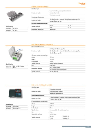 Kit de Expansão A115
                                  Configuração
                                                                 Suporte metálico para adaptadores ópticos
                                  Emenda por fusão               Bandeja de emenda
                                                                 Protetor de emenda
                                  Produtos relacionados
                                                                 Cordão, Extensão e Extensão Óptica Conectorizada (pg. 47)
                                  Emenda por fusão
                                                                 Cordão Óptico (pg. 48)
                                  Características construtivas
                                                                 SC, LC,                               Kit SC
Codificação                       Tipo do conector
                                                                 ST, FC                                Kit ST
31003523      SC (KIT)
                                  Quantidade de posições         36 posições
31000019      ST (KIT)




                                  DIO BW12 – Módulo Básico
                                  Produtos relacionados
                                                                 Kit Adaptador Óptico (pg. 50)
                                  Emenda por fusão               Cordão, Extensão e Extensão Óptica Conectorizada (pg. 47)
                                                                 Cordão Óptico (pg. 48)
                                  Características construtivas
                                  Altura                         155 mm
                                  Largura                        130 mm
                                  Profundidade                   53 mm
                                  Tipo de material               Plástico de alta resistência
Codificação
                                  Cor                            Cinza claro
              DIO BW12 - Módulo
35260187                                                         Até 12 fibras (fusão)
              Básico
                                  Quantidade de fibras
                                                                 Até 24 fibras (pré-conectorizado)
                                  Tipo de conector               SC, LC, ST ou FC




                                  DIO A146 – Módulo Básico
                                  Configuração
                                                                 01 bandeja de emenda
                                  Emenda por fusão               07 protetores de emenda
                                                                 Acessórios para instalação
                                  Produtos relacionados
                                                                 Cordão, Extensão e Extensão Óptica Conectorizada (pg. 47)
                                  Emenda por fusão
                                                                 Cordão Óptico (pg. 48)
                                  Características construtivas
                                  Altura                         224 mm
Codificação
                                  Largura                        135 mm
35250138      Módulo ST
                                  Profundidade                   35 mm
35250151      Módulo SC/LC
                                  Tipo de pintura                Pó epóxi pó de alta resistência a risco
                                  Cor                            Preta
                                  Quantidade de fibras           Até 06 fibras
                                                                 SC, LC,                        Módulo SC
                                  Tipo de conector
                                                                 ST, FC                         Módulo ST




                                                                                                                             43
 