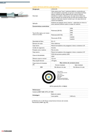138



       Cabo Óptico Optic-Lan-AR (PFV)
       Designação                             CFOT-UTR
                                              Cabos ópticos tipo “loose” totalmente dielétrico, constituídos por
                                              tubo termoplástico preenchido com gel para acomodação das fibras
                                              ópticas, revestido por fibras dielétricas para suporte mecânico
       Descrição                              (resistência à tração) e cobertos por uma capa interna. Sobre esta
                                              deve ser aplicada uma camada de fibra de vidro para proteção contra
                                              roedores e todo este conjunto recoberto por uma capa externa de
                                              material termoplástico.
                                              Ambiente de instalação interno /externo – subterrâneo em dutos ou
       Aplicação
                                              aéreo espinado. Ambiente sujeito ao ataque de roedores .
       Características construtivas
                                                                                           OM4
                                              Multimodo (50/125)                           OM3
       Tipo de fibra óptica, com revesti-                                                  OM2
       mento em acrilato                      Multimodo (62.5/125)                         OM1
                                                                                           G.652.B
                                              Monomodo (9/125)
                                                                                           G.652.D
       Quantidade de fibras                   02 a 12
       Elemento de tração                     Fibras dielétricas
       Capa interna                           Material termoplástico não propagante à chama e resistente à UV
       Cordão de rasgamento                   Aramida
       Proteção contra roedores               Fibra de vidro
       Capa externa                           Material termoplástico não propagante à chama e resistente à UV
                                              COG (fornecimento padrão), LSZH
       Classe de flamabilidade
                                              LSZH
       Diâmetro externo nominal               12,2 mm
       Massa líquida Nominal                  175 kg/km
       Carga máxima de Instalação                                Raio mínimo de curvatura (mm)
       (N)                                              Durante instalação                           Após instalação
                      3000                           20x diâmetro do cabo                        10x diâmetro do cabo


                                                           Capa externa
                                                           Camada de fibra de vidro
                                                           Capa interna
                                                           Tubo de proteção
                                                           Fibra óptica
                                                           Rip cord
                                                           Material de preenchimento
                                                           Elemento de tração dielétrico




                                            OPTIC-LAN AR (PFV) 12 FIBRAS

       Performance
       Conforme ABNT NBR 14772 e ET 2040
                                              Bobina de madeira
       Embalagem
                                              Lance padrão                                 2100 m(1)


      (1) Tolerância de +/- 5%. Outros comprimentos de lances sob consulta.
      *Nomenclatura ABNT (pg. 162)
 