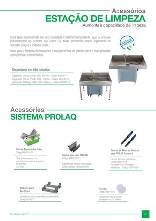 13
biochem.com.br
Suporte para caixa PROLAQ
Código G90010-07
Suporte para caixa de ferramentas
Comercializado individualmente
Caixa de Ferramentas Prolaq
Código G90010-01
Caixa de ferramentas com
acessórios, com alça de transporte
em alumínio.
Cor: Verde
Escovas de Fluxo de Limpeza
para PROLAQ Compact
Escovas de Fluxo de Limpeza
Código G90010-08
Escova de Fluxo de Limpeza
media/duro - Código G90010-09
Rodízios para
Bio-Chem
Vendido em pares, material em aço Inoxidável
Código G50427
Disponíveis em três modelos
Capacidade: 250 kg, 1500 x 950 x 300 mm - Código G60030-17
Capacidade: 500 kg, 1504 x 1004 x 300 mm - Código G60030-18
Capacidade: 1000 kg, 1504 x 1004 x 300 mm - Código G60030-19
Acessórios
SISTEMA PROLAQ
Uma base desenvolvida em aço inoxidável e altamente resistente, que se encaixa
perfeitamente ao Sistema Bio-Chem Evo Maxi, permitindo maior ergonomia de
trabalho graças à extensa cuba.
Ideal para a limpeza de máquinas e equipamentos de grande porte e mais pesadas
sem precisar desmontá-las.
Acessórios
ESTAÇÃO DE LIMPEZA
Aumenta a capacidade de limpeza
Pré-Filtro
Código G90010-03
Cartucho Pré-Filtro de 200µm
Embalagem com 12 unidades
 