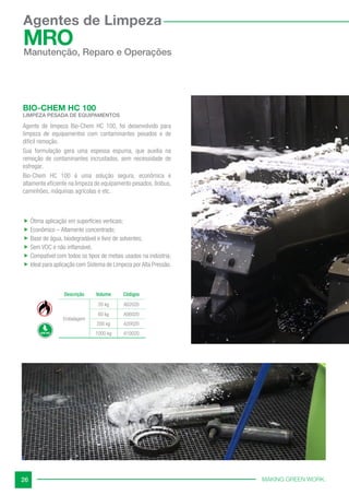 MAKING GREEN WORK.
26
BIO-CHEM HC 100
LIMPEZA PESADA DE EQUIPAMENTOS
Agente de limpeza Bio-Chem HC 100, foi desenvolvido para
limpeza de equipamentos com contaminantes pesados e de
difícil remoção.
Sua formulação gera uma espessa espuma, que auxilia na
remoção de contaminantes incrustados, sem necessidade de
esfregar.
Bio-Chem HC 100 é uma solução segura, econômica e
altamente eficiente na limpeza de equipamento pesados, ônibus,
caminhões, máquinas agrícolas e etc.
 Ótima aplicação em superfícies verticais;
 Econômico – Altamente concentrado;
 Base de água, biodegradável e livre de solventes;
 Sem VOC e não inflamável;
 Compatível com todos os tipos de metais usados na indústria;
 Ideal para aplicação com Sistema de Limpeza porAlta Pressão.
Descrição Volume Códigos
Embalagem
20 kg A02020
60 kg A06020
200 kg A20020
1000 kg A10020
Agentes de Limpeza
MRO
Manutenção, Reparo e Operações
 