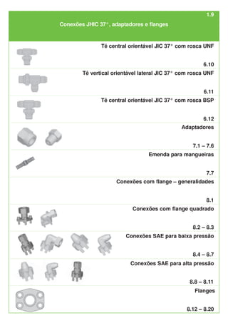 1.9
6.10
6.11
Tê central orientável JIC 37° com rosca UNF
Tê vertical orientável lateral JIC 37° com rosca UNF
6.12
Tê central orientável JIC 37° com rosca BSP
Adaptadores
7.1 – 7.6
Conexões com flange quadrado
8.1
8.2 – 8.3
Conexões com flange – generalidades
Conexões SAE para baixa pressão
8.4 – 8.7
Conexões SAE para alta pressão
8.8 – 8.11
Flanges
8.12 – 8.20
Emenda para mangueiras
7.7
Conexões JHIC 37°, adaptadores e flanges
 