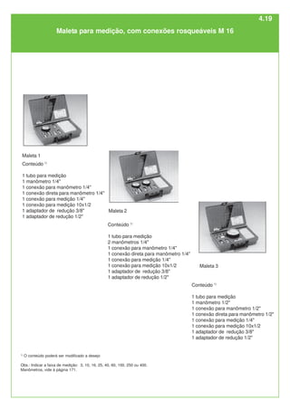 Conteúdo 1)
1 tubo para medição
2 manômetros 1/4"
1 conexão para manômetro 1/4"
1 conexão direta para manômetro 1/4"
1 conexão para medição 1/4"
1 conexão para medição 10x1/2
1 adaptador de redução 3/8"
1 adaptador de redução 1/2"
Conteúdo 1)
1 tubo para medição
1 manômetro 1/2"
1 conexão para manômetro 1/2"
1 conexão direta para manômetro 1/2"
1 conexão para medição 1/4"
1 conexão para medição 10x1/2
1 adaptador de redução 3/8"
1 adaptador de redução 1/2"
Maleta 1
Maleta 2
Maleta 3
Conteúdo 1)
1 tubo para medição
1 manômetro 1/4"
1 conexão para manômetro 1/4"
1 conexão direta para manômetro 1/4"
1 conexão para medição 1/4"
1 conexão para medição 10x1/2
1 adaptador de redução 3/8"
1 adaptador de redução 1/2"
Maleta para medição, com conexões rosqueáveis M 16
1)
O conteúdo poderá ser modificado a desejo
Obs.: Indicar a faixa de medição: 3, 10, 16, 25, 40, 60, 100, 250 ou 400.
Manômetros, vide à página 171.
4.19
 
