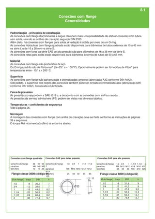 Conexões SAE para baixa pressão
tamanho do flange 35 40 55
parafuso M6 M6 M8
MA (Nm) 10 10 25
Conexões com flange quadrada Conexões SAE para alta pressão
tamanho do flange 1/2 3/4 1 1.1/4 1.1/2
2
parafuso M8 M10 M10 M12 M12
M14
MA (Nm) 25 49 49 85 85
135
tamanho do flange 1/2 3/4 1 1.1/4 1.1/2 2
parafuso M8 M10 M12 M14 M16 M20
MA (Nm) 25 49 85 135 210 425
Padronização - princípios de construção
As conexões com flange discriminadas a seguir oferecem mais uma possibilidade de efetuar conexões com tubos,
sem solda, usando as anilhas de cravação segundo DIN 2353.
Além disto, há conexões com flanges para solda. A vedação é obtida por meio de um O-ring.
As conexões hidráulicas com flange quadrada estão disponíveis para diâmetros de tubos externos de 10 a 42 mm
na série L e de 16 a 38 mm na série S.
As conexões com furos da série SAE de alta pressão são para diâmetros de 16 a 38 mm da série S.
As conexões retas para solda estão disponíveis para diâmetros externos de tubos de 50 a 65 mm.
Material
As conexões com flange são produzidas de aço.
Os O-rings padrão são de Perbunan®
(de -25° a + 100°C). Opcionalmente podem ser fornecidos de Viton®
para
temperaturas entre - 15° a + 200°C.
Superfície
As conexões com flange são galvanizadas e cromatizadas-amarelo (abreviação A3C conforme DIN 4042).
Sob pedido, a superfície dos corpos das conexões também pode ser zincada e cromatizada-azul (abreviação A3K
conforme DIN 4042), fosfatizada e lubrificada.
Faixa de pressões
As pressões correspondem a SAE J518 c, e de acordo com as conexões com anilha cravada.
As pressões de serviço admissíveis (PB) podem ser vistas nas diversas tabelas.
Temperaturas - coeficientes de segurança
Vide à página 26.
Montagem
A montagem das conexões com flange com anilha de cravação deve ser feita conforme as instruções às páginas
39 e seguintes.
O torque MA recomendado (Nm) se encontra abaixo.
Conexões com flange
Generalidades
Ø do flange traço Ø D h
-8
-12
-16
-20
-24
-32
1/2
3/4
1
1.1/4
1.1/2
2
7
7
8,2
8,2
8,2
9,7
30,2
38,0
44,5
50,8
60,4
71,4
Ø do flange traço Ø D h
-8
-12
-16
-20
-24
-32
1/2
3/4
1
1.1/4
1.1/2
2
9
9
9,6
10,4
12,7
12,7
31,8
41,2
47.8
53,9
63,5
79,4
Flange classe 3000 (código 61) Flange classe 6000 (código 62)
8.1
 
