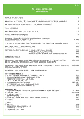 NORMAS DIN APLICÁVEIS
PRINCÍPIOS DE CONSTRUÇÃO: PADRONIZAÇÃO - MATERIAIS - PROTEÇÃO DA SUPERFÍCIE
FAIXAS DE PRESSÃO - TEMPERATURAS - FATORES DE SEGURANÇA
TIPOS DE ROSCAS
RECOMENDAÇÕES PARA A SELEÇÃO DE TUBOS
CÁLCULO PARA AS TUBULAÇÕES
MEDIDAS DE CONEXÃO, CONEXÕES COM ANILHA DE CRAVAÇÃO,
BUJÕES ROSCADOS, FUROS ROSCADOS
TORQUES DE APERTO PARA OS BUJÕES ROSCADOS DE FORMAS B E E SEGUNDO DIN 3852
EXPLICAÇÃO DOS CÓDIGOS PARA PEDIDOS
REPRESENTAÇÕES FUNCIONAIS: ANILHAS DE CRAVAÇÃO SIMPLES
ANILHAS DE DUPLA CRAVAÇÃO "E";
ANILHAS DE TRIPLA CRAVAÇÃO E DUPLA VEDAÇÃO "E2".
CONES PARA SOLDAR
INSTRUÇÕES PARA A MONTAGEM: ANILHA DE DUPLA CRAVAÇÃO “E” COM DISPOSITIVOS
DE PRÉ-MONTAGEM TEMPERADOS; MONTAGEM NO CORPO DA CONEXÃO,
INSTRUÇÕES PARA A MONTAGEM: ANILHAS DE DUPLA VEDAÇÃO “E2” COM DISPOSITIVOS DE
PRÉ-MONTAGEM TEMPERADOS
INSTRUÇÕES PARA A MONTAGEM: CONEXÕES PARA SOLDAR
INFORMAÇÕES TÉCNICAS
– POSICIONAMENTO ANGULAR DE TERMINAIS CURVOS
– COMPRIMENTO DE UMA MANGUEIRA MONTADA
– RECOMENDAÇÕES PARAA MONTAGEM
– CÁLCULO DAS TUBULAÇÕES
– COMPATIBILIDADE DOS FLUIDOS
– CARACTERÍSTICAS DA MANGUEIRA MONTADA
– CODIFICAÇÃO DA MANGUEIRA MONTADA
COMPONENTES
– PEÇAS DE UNIÃO DE TUBOS PARA CONEXÕES COM ANILHAS DE CRAVAÇÃO
– OBTURADORES
– BUJÕES ROSCADOS
– CONTRAPORCAS
– INSERTOS DE REFORÇO PARA TUBOS DE PAREDES FINAS
– O-RINGS
JUNTAS
– MACIAS
– DE PLÁSTICO COM ANEL DE APOIO
– DE BORDAS CORTANTES
– DE VEDAÇÃO DE COBRE
Informações técnicas
Generalidades
1-2
1.3
1.4
1.5
1.6
1.7
1.8 - 1.10
1.11
1.12
1.13
1.14
1.15
1.16
1.17 - 1.18
1.19 - 1.20
1.21
1.22
1.22
1.23
1.24
1.25 - 1.27
1.28
1.29
10.1 -10.2
10.3 - 10.4
10.5
10.6
10.7
10.8
10.9
10.10
10.11
10.12
1.21
 