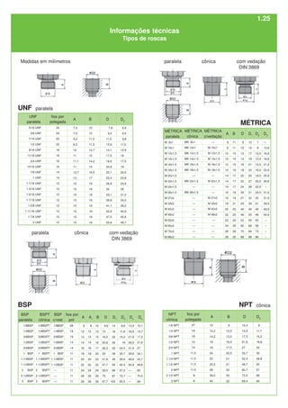Medidas em milímetros
paralela com vedação
DIN 3869
cônica
paralela cônica
NPT cônica
fios por
polegada
27
18
18
14
14
11,5
11,5
11,5
11,5
8
8
NPT
cônica
1/8 NPT
1/4 NPT
3/8 NPT
1/2 NPT
3/4 NPT
1 NPT
1.1/4 NPT
1.1/2 NPT
2 NPT
2.1/2 NPT
3 NPT
A
10
14,2
14,2
19
19
24
25
25,5
26
38,5
40
B
9
12,5
13,5
16,5
17,5
20,5
21
21
22
30
32
D
10,4
13,9
17,3
21,6
27
33,7
42,5
48,7
60,7
73,5
89,4
D2
9
11,7
15,2
18,8
24
30
38,8
45
57
68
84
com vedação
DIN 3869
D
9,6
13
16,5
20,8
26,3
33
41,8
47,7
59,5
75
87,7
B
10
13
15
16
17
20
22
22
24
26
28
A
8
12
12
14
16
18
20
22
24
26
28
fios por
pol
28
19
19
14
14
11
11
11
11
11
11
BSP
paralela
1/8BSP
1/4BSP
3/8BSP
1/2BSP
3/4BSP
1 BSP
1.1/4BSP
1.1/2BSP
2 BSP
2.1/2BSP
3 BSP
BSP
c/ved.
1/8BSP
1/4BSP
3/8BSP
1/2BSP
3/4BSP
1 BSP
1.1/4BSP
1.1/2BSP
—
—
—
BSPT
cônica
1/8BSPT
1/4BSPT
3/8BSPT
1/2BSPT
3/4BSPT
1 BSPT
1.1/4BSPT
1.1/2BSPT
2 BSPT
2.1/2BSPT
3 BSPT
D1
14
18
22
26
32
39
49
55
68
87
103
D2
8,8
11,8
15,3
19
24,5
30,7
39.6
45.4
57,2
72,7
85,5
D4
10,1
13,7
17,2
21,6
27
34,1
42,7
48,6
60
75,5
89
D3
13,9
18,9
21,9
26,9
31,9
39,9
49,9
54,9
—
—
—
UNF paralela
A
7,5
7,5
9,2
9,2
10
11
11,1
11
12,7
13
15
15
15
15
15
15
15
15
fios por
polegada
24
24
20
20
18
16
16
16
14
14
12
12
12
12
12
12
12
12
UNF
paralela
5/16 UNF
3/8 UNF
7/16 UNF
1/2 UNF
9/16 UNF
11/16 UNF
3/4 UNF
13/16 UNF
7/8 UNF
1 UNF
1.1/16 UNF
1.3/16 UNF
1.5/16 UNF
1.7/16 UNF
1.5/8 UNF
1.11/16 UNF
1.7/8 UNF
2 UNF
B
10
10
11,5
11,5
12,7
15
14,2
15
16,5
17
19
19
19
19
19
19
19
19
D
7,8
9,4
11,0
12,6
14,1
17,5
18,9
20,8
22,1
25,4
26,8
30
33,1
36,6
41,1
42,9
47,5
50,8
D2
6,9
8,5
9,8
11,5
12,9
16
17,5
19
20,5
23,6
24,9
28
31,2
34,5
39,2
40,9
45,6
48,7
BSP
A1
8
12
12
14
16
18
20
22
24
26
28
Informações técnicas
Tipos de roscas
MÉTRICA
paralela
M 8x1
M 10x1
M 12x1,5
M 14x1,5
M 16x1,5
M 18x1,5
M 20x1,5
M 22x1,5
M 24x1,5
M 26x1,5
M 27x2
M 33x2
M 42x2
M 48x2
M 52x2
M 60x2
M 75x2
M 88x2
B
11
11
15
15
15
16
17
17
17
19
19
21
23
25
25
26
28
30
D1
12
14
17
19
21
23
25
27
29
31
32
39
49
55
55
68
84
98
D
8
10
12
14
16
18
20
22
24
26
27
33
42
48
52
60
75
88
D2
7
9
10,5
12,5
14,5
16,5
18,5
20,5
22,5
24,5
25
31
40
46
50
58
73
86
A
8
8
12
12
12
12
14
14
14
16
16
18
20
22
22
24
26
28
D3
—
13,9
16,9
18,9
21,9
23,9
25,9
26,9
–
31,9
31,9
39,9
49,9
54,9
–
–
–
–
MÉTRICA
MÉTRICA
cônica
MK 8x1
MK 10x1
MK 12x1,5
MK 14x1,5
MK 16x1,5
MK 18x1,5
—
MK 22x1,5
—
MK 26x1,5
—
—
—
—
––
—
—
—
MÉTRICA
c/vedação
––
M 10x1
M 12x1,5
M 14x1,5
M 16x1,5
M 18x1,5
—
M 22x1,5
—
—
M 27x2
M 33x2
M 42x2
M 48x2
––
—
—
—
1.25
 