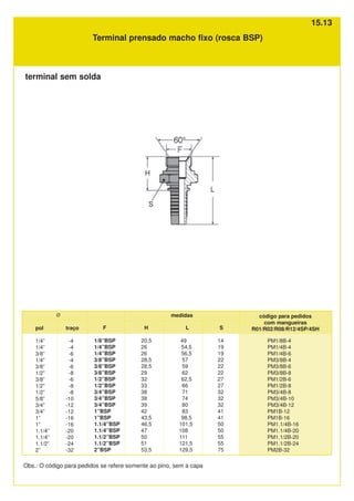Terminal prensado macho fixo (rosca BSP)
código para pedidos
com mangueiras
R01/R02/R08/R12/4SP/4SH
Ø medidas
pol
1/4”
1/4”
3/8”
1/4”
3/8”
1/2”
3/8”
1/2”
1/2”
5/8”
3/4”
3/4”
1”
1”
1.1/4”
1.1/4”
1.1/2”
2”
traço
-4
-4
-6
-4
-6
-8
-6
-8
-8
-10
-12
-12
-16
-16
-20
-20
-24
-32
PM1/8B-4
PM1/4B-4
PM1/4B-6
PM3/8B-4
PM3/8B-6
PM3/8B-8
PM1/2B-6
PM1/2B-8
PM3/4B-8
PM3/4B-10
PM3/4B-12
PM1B-12
PM1B-16
PM1.1/4B-16
PM1.1/4B-20
PM1.1/2B-20
PM1.1/2B-24
PM2B-32
F
1/8”BSP
1/4”BSP
1/4”BSP
3/8”BSP
3/8”BSP
3/8”BSP
1/2”BSP
1/2”BSP
3/4”BSP
3/4”BSP
3/4”BSP
1”BSP
1”BSP
1.1/4”BSP
1.1/4”BSP
1.1/2”BSP
1.1/2”BSP
2”BSP
H
20,5
26
26
28,5
28,5
29
32
33
38
38
39
42
43,5
46,5
47
50
51
53,5
L
49
54,5
56,5
57
59
62
62,5
66
71
74
80
83
98,5
101,5
108
111
121,5
129,5
S
14
19
19
22
22
22
27
27
32
32
32
41
41
50
50
55
55
75
Obs.: O código para pedidos se refere somente ao pino, sem a capa
terminal sem solda
15.13
 