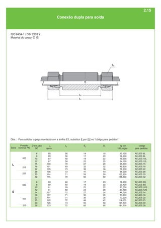 código
para pedidos
AEUDS 6L
AEUDS 8L
AEUDS 10L
AEUDS 12L
AEUDS 15
AEUDS 18
AEUDS 22
AEUDS 28
AEUDS 35
AEUDS 42
AEUDS 6S
AEUDS 8S
AEUDS 10S
AEUDS 12S
AEUDS 14
AEUDS 16
AEUDS 20
AEUDS 25
AEUDS 30
AEUDS 38
Ø ext.tubo
OD
6
8
10
12
15
18
22
28
35
42
6
8
10
12
14
16
20
25
30
38
L2
56
56
58
58
70
69
73
73
71
70
60
60
59
59
72
71
71
72
73
72
D1
18
20
22
25
28
32
36
40
50
60
20
22
25
28
30
35
38
45
50
60
kg por
100 peças
13,100
16,200
19,500
24,100
35,300
46,900
58,200
66,000
102,900
148,800
16,900
20,400
27,000
33,100
44,700
57,800
73,200
114,600
134,400
191,300
L1
aprox.
85
85
87
87
100
101
105
106
114
115
89
89
91
91
107
107
114
120
126
133
S3
14
17
19
22
27
32
36
41
50
60
17
19
22
24
27
30
36
46
50
60
Conexão dupla para solda
ISO 8434-1 / DIN 2353 Y...
Material do corpo: C 15
L
S
630
400
250
315
400
315
Série
Pressão
nominal PN
Obs.: Para solicitar a peça montada com a anilha E2, substituir E por E2 no "código para pedidos"
2.15
 