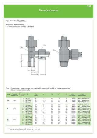 L3
aprox.
21
21
23
27
29
30
32
36
40
31
32
34
38
40
43
G
MK 8x1
MK 10x1
MK 10x1
MK 10x1
MK 12x1,5
MK 14x1,5
MK 16x1,5
MK 18x1,5
MK 22x1,5
MK 12x1,5
MK 14x1,5
MK 16x1,5
MK 18x1,5
MK 20x1,5
MK 22x1,5
Ø ext.tubo
OD
4
6
8
6
8
10
12
15
18
6
8
10
12
14
16
código
para pedidos
AETV 4LLxMK8x1
AETV 6LLxMK10x1
AETV 8LLxMK10x1
AETV 6LxMK10x1
AETV 8LxMK12x1,5
AETV 10LxMK14x1,5
AETV 12LxMK16x1,5
AETV 15xMK18x1,5
AETV 18xMK22x1,5
AETV 6SxMK12x1,5
AETV 8SxMK14x1,5
AETV 10SxMK16x1,5
AETV 12SxMK18x1,5
AETV 14xMK20x1,5
AETV 16xMK22x1,5
S3
10
12
14
14
17
19
22
27
32
17
19
22
24
27
30
S2
1)
9
11
12
12
14
17
19
19
24
14
17
19
22
19
24
L5
17
17
20
20
26
27
28
32
36
26
27
28
28
32
36
L4
11
9,5
11,5
12
14
15
17
21
23,5
16
17
17,5
21,5
22
24,5
400
S
L 315
100
1)
Tubo de aço perfilado com Ø externo de 4 a 12 mm.
kg por
100 peças
3,000
3,400
4,600
5,800
8,800
12,100
15,600
20,000
30,400
10,500
13,700
19,600
24,600
25,200
31,900
Tê vertical macho
ISO 8434-1 / DIN 2353 AA...
Rosca G: métrica cônica
Tê vertical roscado forma C DIN 3852
LL
Série Pressão
nominal PN
Obs.: Para solicitar a peça montada com a anilha E2, substituir E por E2 no "código para pedidos"
Outras medidas sob consulta.
2.36
 