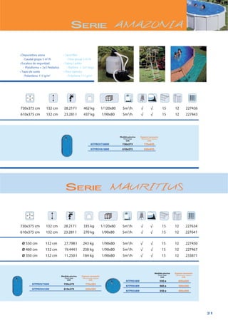 21
SERIE AMAZONIA
KITPROV7388W 730x375 770x495
KITPROV6188W 610x375 650x495
Ø 550 cm 132 cm 27.798 l 243 kg 1/90x80 5m3
/h √ √ 15 12 227450
Ø 460 cm 132 cm 19.444 l 238 kg 1/90x80 5m3
/h √ √ 15 12 227467
Ø 350 cm 132 cm 11.250 l 184 kg 1/90x80 5m3
/h √ √ 15 12 233871
SERIE MAURITIUS
730x375 cm 132 cm 28.217 l 335 kg 1/120x80 5m3
/h √ √ 15 12 227634
610x375 cm 132 cm 23.281 l 270 kg 1/90x80 5m3
/h √ √ 15 12 227641
KITPROV738W 730x375 770x595
KITPROV618W 610x375 650x595
730x375 cm 132 cm 28.217 l 462 kg 1/120x80 5m3
/h √ √ 15 12 227436
610x375 cm 132 cm 23.281 l 437 kg 1/90x80 5m3
/h √ √ 15 12 227443
KITPR558W 550 ø 600x600
KITPR458W 460 ø 500x500
KITPR358W 350 ø 400x400
3
/h
-
2
Medida piscina
cm
Espacio necesario
cm
Medida piscina
cm
Espacio necesario
cmMedida piscina
cm
Espacio necesario
cm
 
