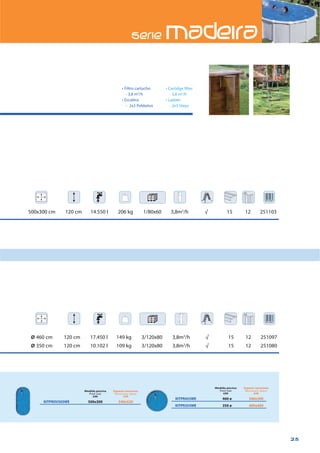 25
Ø 460 cm 120 cm 17.450 l 149 kg 3/120x80 3,8m3
/h √ 15 12 251097
Ø 350 cm 120 cm 10.102 l 109 kg 3/120x80 3,8m3
/h √ 15 12 251080
500x300 cm 120 cm 14.550 l 206 kg 1/80x60 3,8m3
/h √ 15 12 251103
KITPROV503WE 500x300 540x520
KITPR453WE 460 ø 500x500
KITPR353WE 350 ø 400x400
Medida piscina
cm
Espacio necesario
cm
Medida piscina
cm
Espacio necesario
cm
- 3,8 m3
/h- 3,8 m3
/h
-
 