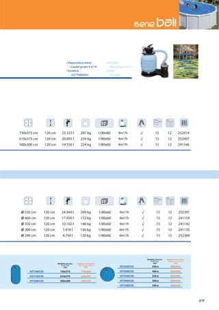 29
Ø 550 cm 120 cm 24.944 l 209 kg 1/80x60 4m3
/h √ 15 12 252391
Ø 460 cm 120 cm 17.450 l 172 kg 1/80x60 4m3
/h √ 15 12 241159
Ø 350 cm 120 cm 10.102 l 146 kg 1/80x60 4m3
/h √ 15 12 241142
Ø 300 cm 120 cm 7.418 l 136 kg 1/80x60 4m3
/h √ 15 12 241135
Ø 240 cm 120 cm 4.750 l 120 kg 1/80x60 4m3
/h √ 15 12 252384
730x375 cm 120 cm 25.323 l 287 kg 1/90x80 4m3
/h √ 15 12 252414
610x375 cm 120 cm 20.893 l 234 kg 1/80x60 4m3
/h √ 15 12 252407
500x300 cm 120 cm 14.550 l 224 kg 1/80x60 4m3
/h √ 15 12 241166
KIT730ECOE 730x375 770x595
KIT610ECOE 610x375 650x595
KIT500ECOE 500x300 540x520
KIT550ECOE 550 ø 600x600
KIT460ECOE 460 ø 500x500
KIT350ECOE 350 ø 400x400
KIT300ECOE 300 ø 350x350
KIT240ECOE 240 ø 300x300
3
/h
Medida piscina
cm
Espacio necesario
cm
Medida piscina
cm
Espacio necesario
cm
 