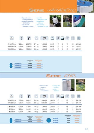 31
710x475 cm 120 cm 27.872 l 371 kg 1/90x80 4m3
/h √ √ 15 12 211626
640x390 cm 120 cm 20.652 l 311 kg 1/90x80 4m3
/h √ √ 15 12 211633
500x340 cm 120 cm 13.696 l 284 kg 1/90x80 4m3
/h √ √ 15 12 231921
SERIE VARADERO
KITPROV7070 710x475 755x510
KITPROV6270 640x390 700x430
KITPROV4870 500x340 540x380
610x375 cm 120 cm 20.893 l 210 kg 1/80x60 3,8m3
/h √ - 15 12 241128
500x300 cm 120 cm 14.550 l 205 kg 1/80x60 3,8m3
/h √ - 15 12 241111
Ø 460 cm 120 cm 17.450 l 149 kg 1/80x40 3,8m3
/h √ - 15 12 241104
Ø 350 cm 120 cm 10.102 l 109 kg 1/80x40 3,8m3
/h √ - 15 12 241098
Ø 300 cm 120 cm 7.418 l 94 kg 1/80x40 3,8m3
/h √ - 15 12 241081
KITPROV613E 610x375 650x595
KITPROV503E 500x300 540x520
KITPR453E 460 ø 500x500
KITPR353E 350 ø 400x400
KITPR303E 300 ø 350x350
- 3,8 m3
/h
3
/h
2
3
/h
-
2
- 3,8 m3
/h
-
Medida piscina
cm
Espacio necesario
cm
Medida piscina
cm
Espacio necesario
cm
Medida piscina
cm
Espacio necesario
cm
SERIE CIES
 