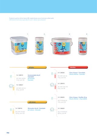 90
Producto químico de la marca GRE, especial para uso en piscinas sobre suelo
GRE brand chemicals, especially for use in above-ground pools
pH plus
pH minus
Ref. 20016
8412081241005
1,5 Kg pack 12
Minorador de pH - Granulado
pH reduce - Granules
clorchoc
Ref. 20023
8427370200236
1 Kg pack 12
Cloro choque - Pastillas 20 gr
Shock chlorine - 20 gr tablets
Ref. 20024
8427370200243
2,5 Kg pack 4
4
Ref. 20015
8412081240992
1 Kg pack 12
Incrementador de pH
Granulado
pH increase
Granules
2
1 2
Ref. 20021
8412081244143
5 Kg pack 4
1
3
Ref. 20020
8412081244136
1 Kg pack 12
Cloro choque - Granulado
Shock chlorine - Granules
Ref. 20019
84120812441295
5 Kg pack 4
4
3
 