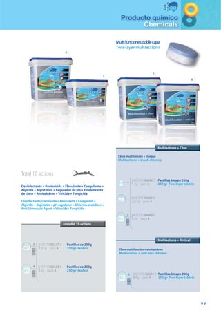 97
Producto químico
Chemicals
5
6
8427370 05525 6
5 Kg pack 4
Pastillas da 250g
250 gr tablets
8427370 05527 0
2,5 Kg pack 4
Pastillas da 250g
250 gr tablets
Desinfectante + Bactericida + Floculante + Coagulante +
Algicida + Algistático + Regulador de pH + Estabilizante
de cloro + Anticalcáreo + Viricida + Fungicida
Disinfectant+ Germicide + Flocculent + Coagulant +
Algicide + Algistatic + pH regulator + Chlorine stabilizer +
Anti-Limescale Agent +Virucide+ Fungicide
Total 10 actions :
complet 10 actions
3
4
Multifuncionesdoblecapa
Two-layer multiactions
Cloro multifunción + choque
Multiactions + shock chlorine
8427370 06643 6
5 Kg pack 4
Pastillas bicapa 250g
250 gr Two-layer tablets
8427370 06646 7
1 Kg pack 6
Multiactions + Choc
Multiactions + Antical
8427370 06644 3
5 Kg pack 4
Cloro multifunción + anticalcáreo
Multiactions + anti lime chlorine
3
4
5
6 Pastillas bicapa 250g
250 gr Two-layer tablets
8427370 05665 9
2,5 Kg pack 4
 