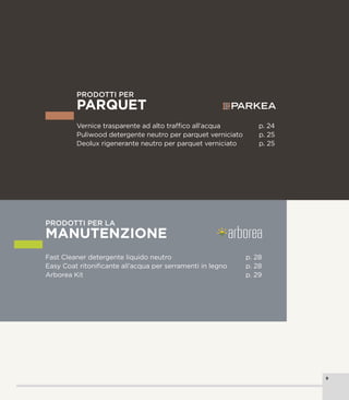 Vernice trasparente ad alto traffico all’acqua	 p. 24
Puliwood detergente neutro per parquet verniciato	 p. 25
Deolux rigenerante neutro per parquet verniciato	 p. 25
PRODOTTI PER
PARQUET
 