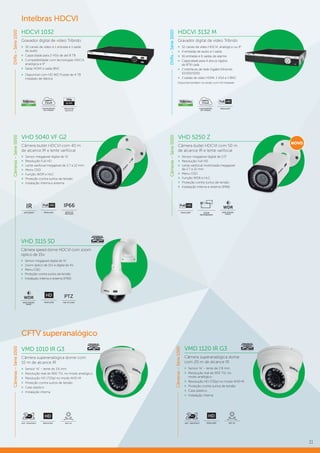 11
HDCVI 1032
Gravador digital de vídeo Tríbrido
»» 32 canais de vídeo e 1 entrada e 1 saída
de áudio
»» Capacidade para 2 HDs de até 8 TB
»» Compatibilidade com tecnologias HDCVI,
analógica e IP
»» Saída HDMI e saída BNC
»» Disponível com HD WD Purple de 4 TB
instalado de fábrica
HDCVI 3132 M
Gravador digital de vídeo Tríbrido
»» 32 canais de vídeo HDCVI, analógico ou IP
»» 4 entradas de áudio e 1 saída
»» 16 entradas e 6 saídas de alarme
»» Capacidade para 4 discos rígidos
de 8TB cada
»» 2 interfaces de rede Gigabit Ethernet
10/100/1000
»» 2 saídas de vídeo HDMI, 1 VGA e 1 BNC
Disponível também na versão com HD instalado.
CONFIGURAÇÃO
EM 3 PASSOS
Tríbrido
3 em 1
RESOLUÇÃO
HDCVI E IP
720p
15 FPS
DVRs–Série1000
DVRs–Série3000
Intelbras HDCVI
CONFIGURAÇÃO
EM 3 PASSOS
Tríbrido
3 em 1
RESOLUÇÃO
Full
Câmeras–Série5000
VHD 5040 VF G2
Câmera bullet HDCVI com 40 m
de alcance IR e lente varifocal
»» Sensor megapixel digital de 1/3”
»» Resolução Full HD
»» Lente varifocal megapixel de 2.7 a 12 mm
»» Menu OSD
»» Função WDR e HLC
»» Proteção contra surtos de tensão
»» Instalação interna e externa
INTELIGENTE
IR
RESOLUÇÃO
Full
ÍNDICE DE
PROTEÇÃO
IP66
VHD 5250 Z
Câmera bullet HDCVI com 50 m
de alcance IR e lente varifocal
»» Sensor megapixel digital de 1/3”
»» Resolução Full HD
»» Lente varifocal motorizada megapixel
de 2.7 a 12 mm
»» Menu OSD
»» Função WDR e HLC
»» Proteção contra surtos de tensão
»» Instalação interna e externa (IP66)
WIDE DYNAMIC
RANGE
WDR
RESOLUÇÃO
Full
ZOOM
MOTORIZADO
NOVO
Câmeras–Série5000
VHD 3115 SD
Câmera speed dome HDCVI com zoom
óptico de 15×
»» Sensor megapixel digital de 1/3”
»» Zoom óptico de 15× e digital de 4×
»» Menu OSD
»» Proteção contra surtos de tensão
»» Instalação interna e externa (IP66)
WIDE DYNAMIC
RANGE
WDR
PAN TILT ZOOMRESOLUÇÃO
CFTV superanalógico
VMD 1120 IR G3
Câmera superanalógica dome
com 20 m de alcance IR
»» Sensor ¼” – lente de 2.8 mm
»» Resolução real de 900 TVL no
modo analógico
»» Resolução HD (720p) no modo AHD-M
»» Proteção contra surtos de tensão
»» Case plástico
»» Instalação interna
VMD 1010 IR G3
Câmera superanalógica dome com
10 m de alcance IR
»» Sensor ¼” – lente de 3.6 mm
»» Resolução real de 900 TVL no modo analógico
»» Resolução HD (720p) no modo AHD-M
»» Proteção contra surtos de tensão
»» Case plástico
»» Instalação interna
Câmeras–Série1000
RESOLUÇÃO ANTI-UV RESOLUÇÃO ANTI-UV
Câmeras–Série1000
 
