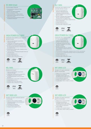 18
Eletrificadores
ELC 5001
Central de cerca elétrica com
controle remoto incluso
»» Sistema de aprendizagem de
perímetro e detecção de fugas
»» 1 saída para monitoramento que
permite interligação com centrais de
alarme ou sirene
»» Receptor incorporado (até 30 dispositivos
sem fio, controles e/ou sensores) e
controle remoto com bateria inclusa
»» Monitoramento de alta tensão, violação de cerca,
AC/DC e de sensores
»» Energia dissipada de <0,5 J
»» Perímetro linear de até 1,6 km
»» Tensão de saída configurável (3 níveis)
LEI DE
INFORMÁTICA
ÍNDICE DE
PROTEÇÃO
IPX4
HIGH POWER ELC 5002
Central de cerca elétrica com controle
remoto incluso
»» Sistema de aprendizagem de perímetro
e detecção de fugas
»» 2 saídas para monitoramento que permitem
interligação com centrais de alarme e sirenes
»» Receptor incorporado (até 30 dispositivos sem
fio, controles e/ou sensores) e controle remoto
com bateria inclusa
»» Monitoramento de alta tensão, violação de cerca,
AC/DC e de sensores
»» 1 zona com fio ou entrada para ativação remota via
central de alarme
»» Energia dissipada de 0,5 J
»» Perímetro linear de até 5 km
»» Tensão de saída configurável (3 níveis)
LEI DE
INFORMÁTICA
ÍNDICE DE
PROTEÇÃO
IPX4
HIGH POWER ELC 5003
Central de cerca elétrica com
controle remoto incluso
»» Sistema de aprendizagem de
perímetro e detecção de fugas
»» 2 saídas para monitoramento que
permitem interligação com centrais
de alarme e sirenes
»» Receptor incorporado
(até 30 dispositivos sem fio, controles
e/ou sensores) e controle remoto com
bateria inclusa
»» Monitoramento de alta tensão, violação de cerca, AC/DC e de sensores
»» 1 zona com fio ou entrada para ativação remota via central de alarme
»» Energia dissipada de 1 J
»» Perímetro linear de até 7 km
»» Tensão de saída configurável (3 níveis)
LEI DE
INFORMÁTICA
ÍNDICE DE
PROTEÇÃO
IPX4
XEL 5001
Módulo de choque
»» Sistema de aprendizagem de perímetro
e detecção de fugas
»» 2 saídas para monitoramento que permitem
interligação com centrais de alarme
»» 1 entrada para ativação remota via central
de alarme
»» Monitoramento de alta tensão e violação da cerca
»» Energia dissipada de 0,5 J
»» Perímetro linear de até 1600 metros
»» Tensão de saída configurável (3 níveis)
LEI DE
INFORMÁTICA
ÍNDICE DE
PROTEÇÃO
IPX4
XAT 2000 LCD
Teclado LCD para central de
alarme monitorada
»» Display LCD e 2 zonas no teclado
»» Visualização de problemas,
mensagem de texto, data e hora,
nível de bateria da central e de zonas
»» Comunicação por barramento
»» Proteção contra violação (tamper)
»» Funções Pânico, Pânico médico e Incêndio
LEI DE
INFORMÁTICA
XAT 3000 LED
Teclado LED para central de alarme
monitorada
»» Display de LED e 2 zonas no teclado
»» Tampa para proteção contra acionamento
acidental das teclas
»» Visualização de problemas
»» Comunicação por barramento
»» Proteção contra violação (tamper)
LEI DE
INFORMÁTICA
TecladosEletrificadores
Teclados
XAT 4000 LCD
Teclado LCD para central de
alarme monitorada
»» Display LCD e 2 zonas no teclado
»» Visualização de problemas,
mensagem de texto, data e hora,
nível de bateria da central e de zonas
»» Comunicação por barramento
RS232 e RS485
»» Proteção contra violação (tamper)
»» Funções Pânico, Pânico médico e Incêndio
LEI DE
INFORMÁTICA
Teclados
XE 4000 Smart
Comunicador Ethernet
»» Envio de eventos 2 destinos IP, fixos
ou dinâmicos
»» Base de velocidade 10/100Mbps
»» Base do protocolo TCP/IP
»» Consumo de banda < 1 KB por evento
»» Teste periódico programado em minutos.
Mínimo de 1 minuto
»» Software gratuito para download e upload
na plataforma Windows®
Centraisdealarmemonitoradas
 