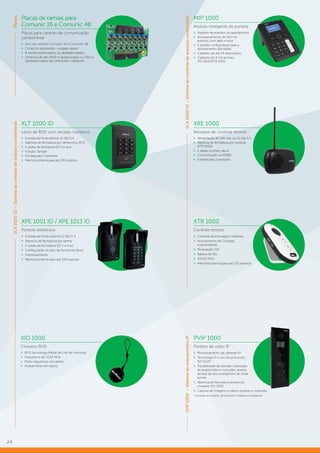 24
MIP 1000
Módulo inteligente de portaria
»» Registro de eventos via apartamento
»» Armazenamento de 100 mil
eventos com data e hora
»» 5 botões configuráveis para o
acionamento das saídas
»» Cadastro de até 24 dispositivos
»» Cadastro de 4 mil senhas/
XID 1000/XTR 1000
XLT 1000 ID
Leitor de RFID com teclado numérico
»» Entrada de fonte externa 12 Vdc/1 A
»» Abertura de fechadura por senha e/ou RFID
»» 2 saídas de fechadura (12 V e Aux)
»» Função Tamper
»» Entrada para 2 sensores
»» Memória interna para até 330 eventos
XRE 1000
Receptor de controle remoto
»» Alimentação 90-240 Vac ou 12 Vdc/1 A
»» Abertura de fechadura por controle
(XTR 1000)
»» 2 saídas (contato seco)
»» Comunicação via RS485
»» Entrada para 2 sensores
XTR 1000
Controle remoto
»» Controle anticlonagem Intelbras
»» Acionamento de 3 botões
customizáveis
»» Modulação FSK
»» Bateria de lítio
»» 433,92 MHz
»» Memória interna para até 330 eventos
XID 1000
Chaveiro RFID
»» RFID tecnologia Mifare de 1 kb de memória
»» Frequência de 13,56 MHz
»» Maior segurança nos dados
»» Acabamento em epoxy
XPE 1001 ID / XPE 1013 ID
Porteiro eletrônico
»» Entrada de fonte externa 12 Vdc/1 A
»» Abertura de fechadura por senha
»» 2 saídas de fechadura (12 V e Aux)
»» Configuração do tipo de fechadura (Aux)
»» Intertravamento
»» Memória interna para até 330 eventos
PVIP 1000
Porteiro de vídeo IP
»» Monitoramento de câmeras IP1
»» Tecnologia IP e uso do protocolo
SIP (VoIP)
»» Possibilidade de atender chamadas
de áudio/vídeo e conceder acesso
através de seu smartphone de onde
estiver
»» Abertura de fechadura através do
chaveiro XID 1000
»» Captura de imagens e vídeos durante a chamada
1
Consulte os modelos de câmeras IP Intelbras compatíveis.
SCA1000V2–Sistemadecontroledeacessoscondominial
SVIP1000–SistemadevideoporteiroIP
Placas de ramais para
Comunic 16 e Comunic 48
Placas para centrais de comunicação
condominial
»» Uso nas centrais Comunic 16 e Comunic 48
»» Conector de pressão – engate rápido
»» 8 ramais balanceados ou desbalanceados
»» Distância de até 2500 m (balanceado) ou 250 m
(desbalanceado) da central até o telefone
Placas
SCA1000V2–Sistemadecontroledeacessoscondominial
 