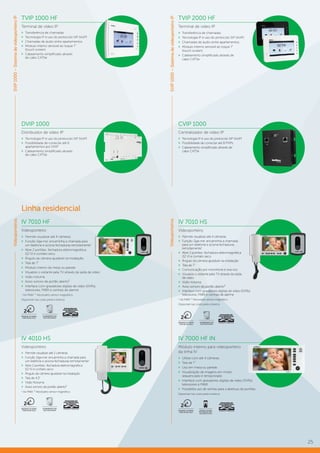 25
DVIP 1000
Distribuidor de vídeo IP
»» Tecnologia IP e uso do protocolo SIP (VoIP)
»» Possibilidade de conectar até 6
apartamentos por DVIP
»» Cabeamento simplificado através
de cabo CAT5e
CVIP 1000
Centralizador de vídeo IP
»» Tecnologia IP e uso do protocolo SIP (VoIP)
»» Possibilidade de conectar até 8 PVIPs
»» Cabeamento simplificado através de
cabo CAT5e
TVIP 1000 HF
Terminal de vídeo IP
»» Transferência de chamadas
»» Tecnologia IP e uso do protocolo SIP (VoIP)
»» Chamadas de áudio entre apartamentos
»» Módulo interno sensível ao toque 7’’
(touch screen)
»» Cabeamento simplificado através
de cabo CAT5e
TVIP 2000 HF
Terminal de vídeo IP
»» Transferência de chamadas
»» Tecnologia IP e uso do protocolo SIP (VoIP)
»» Chamadas de áudio entre apartamentos
»» Módulo interno sensível ao toque 7’’
(touch screen)
»» Cabeamento simplificado através de
cabo CAT5e
Linha residencial
IV 4010 HS
Videoporteiro
»» Permite visualizar até 2 câmeras
»» Função Siga-me: encaminha a chamada para
um telefone e aciona fechaduras remotamente1
»» Abre 2 portões: fechadura eletromagnética
(12 V) e contato seco
»» Ângulo da câmera ajustável na instalação
»» Tela de 4,3”
»» Visão Noturna
»» Aviso sonoro de portão aberto²
1
Via PABX. ² Necessário sensor magnético.
IV 7010 HS
Videoporteiro
»» Permite visualizar até 4 câmeras
»» Função Siga-me: encaminha a chamada
para um telefone e aciona fechaduras
remotamente1
»» Abre 2 portões: fechadura eletromagnética
(12 V) e contato seco
»» Ângulo da câmera ajustável na instalação
»» Tela de 7”
»» Comunicação por monofone e viva-voz
»» Visualize o visitante pela TV através da saída
de vídeo
»» Visão noturna
»» Aviso sonoro de portão aberto²
»» Interface com gravadores digitais de vídeo (DVRs),
televisores, PABX e centrais de alarme
1
Via PABX. ² Necessário sensor magnético.
Disponível nas cores preta e branca
IV 7010 HF
Videoporteiro
»» Permite visualizar até 4 câmeras
»» Função Siga-me: encaminha a chamada para
um telefone e aciona fechaduras remotamente1
»» Abre 2 portões: fechadura eletromagnética
(12 V) e contato seco
»» Ângulo da câmera ajustável na instalação
»» Tela de 7”
»» Módulo interno de mesa ou parede
»» Visualize o visitante pela TV através da saída de vídeo
»» Visão noturna
»» Aviso sonoro de portão aberto²
»» Interface com gravadores digitais de vídeo (DVRs),
televisores, PABX e centrais de alarme
1
Via PABX. ² Necessário sensor magnético.
Disponível nas cores preta e branca
Videoporteiros
IMAGENS 24 HORAS
POR DIA NA TELA
H24
ACABAMENTO EM
AÇO ESCOVADO
IMAGENS 24 HORAS
POR DIA NA TELA
H24
ACABAMENTO EM
AÇO ESCOVADO
IMAGENS 24 HORAS
POR DIA NA TELA
H24
ACABAMENTO EM
AÇO ESCOVADO
IV 7000 HF IN
Módulo interno para videoporteiro
da linha IV
»» Utilize com até 4 câmeras
»» Tela de 7”
»» Uso em mesa ou parede
»» Visualização de imagens em modo
sequenciado e temporizado
»» Interface com gravadores digitais de vídeo (DVRs),
televisores e PABX
»» Possibilita uso de senhas para a abertura de portões
Disponível nas cores preta e branca
IMAGENS 24 HORAS
POR DIA NA TELA
H24
ATENDA E ACIONE
FECHADURAS PELO
CELULAR OU FIXO
SVIP1000–SistemadevideoporteiroIP
SVIP1000–SistemadevideoporteiroIPVideoporteiros
 