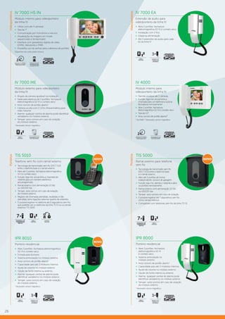 26
IV 7000 EA
Extensão de áudio para
videoporteiro da linha IV
»» Abre 2 portões: fechadura
eletromagnética (12 V) e contato seco
»» Instalação com 2 fios
»» Dispensa alimentação
»» Até 3 extensões de áudio para cada
kit da linha IV
IV 7000 ME
Módulo externo para videoporteiro
da linha IV
»» Ângulo da câmera ajustável na instalação
»» Saída para abertura de 2 portões: fechadura
eletromagnética (12 V) e contato seco
»» Aviso sonoro de portão aberto1
»» Câmera oculta com 2 LEDs infravermelhos para
visão noturna
»» Alarme: qualquer central de alarme pode identificar
vandalismo no módulo externo
»» Tamper: aviso sonoro em caso de violação
do módulo externo
1
Necessário sensor magnético.
IV 4000
Módulo interno para
videoporteiro da linha IV
»» Permite visualizar até 2 câmeras
»» Função Siga-me: encaminha a
chamada para um telefone e aciona
fechaduras remotamente1
»» Abre 2 portões: fechadura
eletromagnética (12 V) e contato seco
»» Tela de 4,3”
»» Aviso sonoro de portão aberto²
1
Via PABX. ² Necessário sensor magnético.
TIS 5010
Telefone sem fio com ramal externo
»» Tecnologia de transmissão sem fio (DECT 6.0)
entre o telefone base e o ramal externo
»» Abre até 2 portões: fechadura eletromagnética
12 V e contato seco
»» Função Siga-me: encaminha a chamada do
visitante para um número telefônico
pré-programado
»» Ramal externo com alimentação 12 Vdc
ou 110/220 Vac
»» Tamper: aviso sonoro em caso de violação
do módulo externo
»» Registro de chamadas atendidas, recebidas e não
atendidas, tanto ligações externas quanto de visitantes.
»» É possível registrar no telefone até 6 dispositivos sem fio,
que poderão ser os telefones da linha TS 51 ou os ramais
externos TIS 5000
TIS 5000
Ramal externo para telefone
sem fio
»» Tecnologia de transmissão sem fio
(DECT 6.0) entre o telefone base
e o ramal externo
»» Abre até 2 portões de forma
independente: social e de garagem
»» Função siga-me: atenda o visitante e abra
os portões remotamente
»» Ramal externo com alimentação 12 Vdc
ou 110/220 Vac
»» Tamper: aviso sonoro em caso de violação
»» É possível registrar até 7 dispositivos sem fio
como ramais internos
»» Compatível com telefones sem fio da linha TS 51
IPR 8000
Porteiro residencial
»» Abre 2 portões: fechadura
eletromagnética (12 V)
e contato seco
»» Sistema antiviolação no
módulo externo
»» Aviso sonoro de portão aberto1
»» Capacidade para até 3 módulos internos
»» Ajuste de volume no módulo externo
»» Opção de fonte interna ou externa
»» Alarme: qualquer central de alarme pode
identificar vandalismo no módulo externo
»» Tamper: aviso sonoro em caso de violação
do módulo externo
1
Necessário sensor magnético.
IPR 8010
Porteiro residencial
»» Abre 2 portões: fechadura eletromagnética
(12 V) e contato seco
»» Entrada para botoeira
»» Sistema antiviolação no módulo externo
»» Aviso sonoro de portão aberto1
»» Capacidade para até 3 módulos internos
»» Ajuste de volume no módulo externo
»» Opção de fonte interna ou externa
»» Alarme: qualquer central de alarme pode
identificar vandalismo no módulo externo
»» Tamper: aviso sonoro em caso de violação
do módulo externo
1
Necessário sensor magnético.
Porteiros
ABRE 2
PORTÕES
FUNÇÃO
SIGA-ME
ABRE 2
PORTÕES
IMAGENS 24 HORAS
POR DIA NA TELA
H24
ACABAMENTO EM
AÇO ESCOVADO
ABRE 2
PORTÕES
ACABAMENTO EM
AÇO ESCOVADO
ABRE 2
PORTÕES
PERMITE ATÉ
3 MÓDULOS
INTERNOS
3×
ABRE 2
PORTÕES
PERMITE ATÉ
3 MÓDULOS
INTERNOS
3×
ABRE 2
PORTÕES
PERMITE ATÉ
3 MÓDULOS
INTERNOS
3×
IV 7000 HS IN
Módulo interno para videoporteiro
da linha IV
»» Utilize com até 4 câmeras
»» Tela de 7”
»» Comunicação por monofone e viva-voz
»» Visualização de imagens em modo
sequenciado e temporizado
»» Interface com gravadores digitais de vídeo
(DVRs), televisores e PABX
»» Possibilita uso de senhas para a abertura de portões
Disponível nas cores preta e branca
IMAGENS 24 HORAS
POR DIA NA TELA
H24
ATENDA E ACIONE
FECHADURAS PELO
CELULAR OU FIXO
Videoporteiros
NOVO
NOVO NOVO
PorteirosVideoporteiros
 