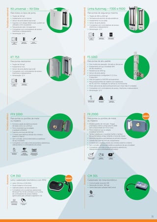 31
Linha Automag – F300 e F600
Para portas de segurança máxima
»» Tração de 300 ou 600 kgf
»» Fechadura de alumínio de alta resistência
»» Acabamento na cor prata
»» Sensor de porta aberta
»» Compatível com controladores de acesso,
interfones e videoporteiros
»» Alimentação: 12 V
Kit universal – Kit Elite
Para todos os tipos de porta
»» Tração de 150 kgf
»» Acabamento na cor branca
»» Sensor de porta aberta (opcional)
»» Suportes com design diferenciado: podem ser
utilizados como puxadores
»» Para porta de vidro: kit dupla face
»» Compatível com controladores de acesso,
interfones e videoporteiros
»» Alimentação: 12 V
KT 753
Para portas deslizantes
»» Tração de 150 kgf
»» Acabamento Inox
»» Sensor de porta aberta (opcional)
»» Compatível com controladores de acesso,
interfones e videoporteiros
»» Alimentação: 12 V
SENSOR DE
PORTA ABERTA
SENSOR DE
PORTA ABERTA
SENSOR DE
PORTA ABERTA
DESIGN
DIFERENCIADO
PARA PORTAS
DE SEGURANÇA
MÁXIMA
KIT COMPLETO
PARA
INSTALAÇÃO
FS 1010
Para portas de alto padrão
»» Dois modos de operação: fail safe ou fail secure
»» Acabamento em aço inoxidável 304
de alta resistência
»» Resistência de 1200 kg
»» Sensor de porta aberta
»» Autotravamento configurável: 0, 3, 6 ou
9 segundos
»» Vida útil superior a 500.000 acionamentos
»» Para portas/portões de madeira com espessuras
de 35 a 50 mm. Instalação na vertical ou na horizontal.
»» Modo adicional de abertura/travamento por chave Yale (3 unidades)
»» Compatível com controladores de acesso, interfones e videoporteiros
»» Alimentação: 12 V
RESISTÊNCIA
DE 1200 KG
1200 kg
SENSOR DE
PORTA ABERTA
MODO FAIL SAFE
OU FAIL SECURE
Fechaduras-eletroímã
Fechadurasolenoide
FFX 1000
Para portas ou portões de metal
ou madeira
»» Exclusiva opção de abertura através
de estalo único ou contínuo
»» Trinco reversível que se adapta
a qualquer ambiente
»» Suporta uma força de 500 kgf
»» 3 chaves para abertura através dos cilindros
externo e interno
»» Sem corrosão: pintura eletrostática e parafusos
de aço inoxidável
»» Compatível com toda a linha de porteiros eletrônicos,
videoporteiros e controladores de acesso
FX 2000
Para portas ou portões de metal
ou madeira
»» Modelo-padrão de mercado: Troque
a fechadura elétrica antiga pela FX 2000
sem a necessidade de novos furos
»» Trinco reversível que se adapta
a qualquer ambiente
»» Tambor substituível: é possível manter o tambor
de sua fechadura antiga, evitando a troca de chaves
»» Memória mecânica que destrava ao primeiro impulso
»» Cilindro fixo com 40 mm de comprimento
»» 3 chaves para abertura através dos cilindros externo e interno
»» Sem corrosão: pintura eletrostática e parafusos de aço inoxidável
»» Compatível com toda a linha de porteiros eletrônicos,
videoporteiros e controladores de acesso
Fechaduraelétrica
CM 350
Leitor cadastrador biométrico com RFID
»» Leitor 125 kHz e 13,56 MHz
»» Visual moderno e funcional
»» Gabinete plástico de alta resistência
»» Compatível com os sistemas operacionais
Windows®
8 e 10 (32 e 64 bits) e com a linha
de controladores de acesso Intelbras
(gerenciáveis pelo software SoapAdmin 3.5)
COMUNICAÇÃO
VIA USB
GERENCIÁVEL
CONFIGURAÇÃO
POR SOFTWARE
Acessórios
CM 301
Cadastrador de mesa biométrico
»» Comunicação via porta USB
»» Resolução do leitor: 400 dpi
»» Gerenciável pelo software NetControl
LEITOR
BIOMÉTRICO
KIT COMPLETO
PARA
INSTALAÇÃO
KIT COMPLETO
PARA
INSTALAÇÃO
NOVO
TAMBOR
SUBSTITUÍVEL
TRINCO
REVERSÍVEL
MODELO-PADRÃO
DE MERCADO
PINTURA
ELETROSTÁTICA
E AÇO INOXIDÁVEL
SEM
CORROSÃO
USE EM PORTAS E
PORTÕES DE METAL
OU MADEIRA
RESISTÊNCIA
DE 500 KGF
Fechaduras-eletroímãFechaduraelétricaAcessórios
NOVO
 