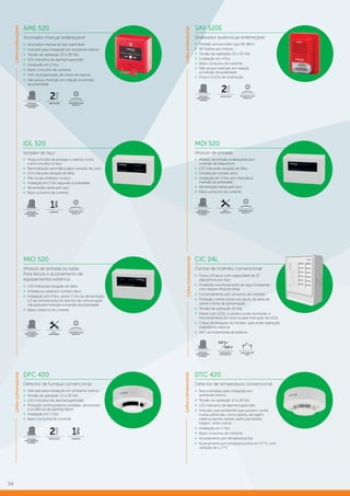 34
AME 520
Acionador manual endereçável
»» Acionador manual do tipo rearmável
»» Indicado para instalação em ambiente interno
»» Tensão de operação 20 a 30 Vdc
»» LED indicativo de alarme/supervisão
»» Instalação em 2 fios
»» Baixo consumo de corrente
»» Vem acompanhado de chave de rearme
»» Não possui restrição em relação à inversão
da polaridade
INSTALAÇÃO RESISTENTE AOS
RAIOS UV
INDICADO
PARA AMBIENTE
INTERNO
SAV 520E
Sinalizador audiovisual endereçável
»» Pressão sonora maior que 90 dB/m
»» 90 flashes por minuto
»» Tensão de operação 20 a 30 Vdc
»» Instalação em 4 fios
»» Baixo consumo de corrente
»» Não possui restrição em relação
à inversão da polaridade
»» Possui 5 LEDs de sinalização
IDL 520
Isolador de laço
»» Possui a função de proteger o sistema contra
curtos-circuitos no laço
»» Reinicialização automática após correção de curto
»» LED indicando situação de falha
»» Não ocupa endereço no laço
»» Instalação em 2 fios seguindo a polaridade
»» Alimentação direta pelo laço
»» Baixo consumo de corrente
MDI 520
Módulo de entrada
»» Módulo de entrada endereçável para
conexão de dispositivos
»» LED indicando situação de falha
»» Entrada por contato seco
»» Instalação em 2 fios sem restrição à
inversão de polaridade
»» Alimentação direta pelo laço
»» Baixo consumo de corrente
CIC 24L
Central de incêndio convencional
»» Possui 24 laços com capacidade de 20
dispositivos por laço
»» Possibilita monitoramento do laço (instalando
com resistor final de linha)
»» Funcionamento por consumo de corrente
»» Proteção contra surtos nos laços, na saída de
sirene e fonte de alimentação
»» Tensão de operação 24 Vdc
»» Painel com LEDs: o usuário pode monitorar o
funcionamento do sistema pela indicação de LEDs
»» Chave de bloqueio do teclado: para evitar operação
indevida do sistema
»» Vem acompanhada de baterias
DFC 420
Detector de fumaça convencional
»» Indicado para instalação em ambiente interno
»» Tensão de operação 12 a 28 Vdc
»» LED indicativo de alarme/supervisão
»» Proteção contra poeira e umidade, diminuindo
a incidência de alarmes falsos
»» Instalação em 2 fios
»» Baixo consumo de corrente
MIO 520
Módulo de entrada ou saída
Para leitura e acionamento de
equipamentos externos
»» LED indicando situação de falha
»» Entrada ou saída por contato seco
»» Instalação em 4 fios, sendo 2 fios de alimentação
e 2 de comunicação (os dois fios de comunicação
não possuem restrição à inversão de polaridade)
»» Baixo consumo de corrente
DTC 420
Detector de temperatura convencional
»» Recomendado para instalação em
ambiente interno
»» Tensão de operação 12 a 28 Vdc
»» LED indicativo de alarme/supervisão
»» Indicado para ambientes que possam conter
muitas partículas, como poeira, serragem,
neblina,vapores visíveis, partículas têxteis,
fuligem, entre outros
»» Instalação em 2 fios
»» Baixo consumo de corrente
»» Acionamento por temperatura fixa
»» Acionamento por temperatura fixa em 57 °C com
variação de ± 3 °C
Linhaconvencional
Linhaconvencional
Linhaendereçável
FONTE BIVOLT
AUTOMÁTICA
110 V
220 V
SAÍDA AUXILIAR
RELÉ
INSTALAÇÃO RESISTENTE AOS
RAIOS UV
INDICADO
PARA AMBIENTE
INTERNO
GARANTIA
1
ano
RESISTENTE AOS
RAIOS UV
INDICADO
PARA AMBIENTE
INTERNO
FÁCIL
INSTALAÇÃO
RESISTENTE AOS
RAIOS UV
INDICADO
PARA AMBIENTE
INTERNO
INDICADO
PARA AMBIENTE
INTERNO
INSTALAÇÃO GARANTIA
1
ano
INDICADO
PARA AMBIENTE
INTERNO
RESISTENTE AOS
RAIOS UV
INDICADO
PARA AMBIENTE
INTERNO
FÁCIL
INSTALAÇÃO
LinhaendereçávelLinhaconvencional
 