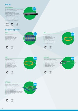 42
Passivos ópticos
XFC
Cordão óptico
»» Tipo do conector: SC
»» Tipo do polimento: UPC e APC
»» Tipo de engate: Push-pull
»» Ferrolho: zircônia
»» Tipo de fibra: ITU-T G.657A1
»» Dimensão cordão: 2 mm × 3 m
»» Atenuação: ≤ 0,38 dB/km
XFE
Extensão óptica
»» Tipo do conector: SC
»» Tipo do polimento: UPC e APC
»» Tipo de engate: Push-pull
»» Ferrolho: zircônia
»» Tipo de fibra: ITU-T G.657A1
»» Dimensão cordão: 2 mm × 3 m
»» Atenuação: ≤ 0,38 dB/km
XFS 1×0
Splitter óptico sem conector
»» Modelos: 1×2, 1×4, 1×8, 1×16 e 1×32
»» Comprimento de onda: 1260 à 1650 nm
»» Tipo de fibra: ITU-T G.657A1
»» Perda de retorno: ≥ 55 dB
»» Diâmetro das fibras: 0,25 mm
»» Dimensão das fibras: 2 m
XFS 1×X
Splitter óptico conectorizado
»» Modelos: 1×2, 1×4, 1×8, 1×16 e 1×32
»» Comprimento de onda: 1260 à 1650 nm
»» Tipo de fibra: ITU-T G.657A1
»» Perda de retorno: ≥ 55 dB
»» Diâmetro das fibras: 0,9 mm
»» Dimensão das fibras: entrada 1,5 m / saída 0,6 m
»» Tipo do conector e polimento: SC UPC e APC
»» Tipo de engate: Push-pull
»» Ferrolho: zircônia
FIBRAS
ÓPTICAS
PASSIVOS
ÓPTICOS
FIBRAS
ÓPTICAS
PASSIVOS
ÓPTICOS
FIBRAS
ÓPTICAS
PASSIVOS
ÓPTICOS
FIBRAS
ÓPTICAS
PASSIVOS
ÓPTICOS
FIBRAS
ÓPTICAS
PASSIVOS
ÓPTICOS
XFA
Adaptador óptico
»» Tipo do conector: SC
»» Tipo do polimento: UPC e APC
»» Perda por inserção: ≤ 0,30 dB
»» Tipo de engate: Push-pull
»» Ferrolho: luva de zircônia
NOVO NOVO
NOVO NOVO
NOVO
EPON
OLT 4840 E
OLT 4 slots EPON com 8 portas Gigabit
Ethernet e 4 slots SFP/SFP+
»» Formato stand alone (1 U)
»» 4 slots SFP/SFP+ 1 GB / 10GB Ethernet
»» Gerência por linha de comando (CLI) ou
interface gráfica (web GUI)
»» 2 portas para gerência out-of-band
»» Suporte a Rapid Spanning Tree
»» Suporte a Link Aggregation e LACP
»» Fonte de alimentação 100 a 240 Vac
NOVO
EPON
REDES ÓPTICAS
PASSIVAS
FIBRAS
ÓPTICAS
10Gbps
TAXA DE
TRANSMISSÃO
 
