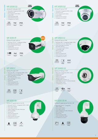 7
POWER OVER
ETHERNET
PoE
ÍNDICE DE
PROTEÇÃO
IP66megapixels
3.0
RESOLUÇÃO REAL
VIP S3330 G2
Câmera IP minibullet 3 MP
»» Resolução 3 megapixels (2048 × 1536)
»» Lente de 3.6 mm
»» IR com alcance de 30 metros
»» Função WDR
»» Índice de proteção IP66
»» Acesso remoto via cloud
»» Compatível com Onvif S
VIP S4320 G2
Câmera IP dome 3 MP
»» Resolução 3 megapixels (2048 × 1536)
»» Lente de 2.8 mm
»» IR com alcance de 20 metros
»» Função WDR
»» Acesso remoto via cloud
»» Compatível com Onvif S
Câmeras–Série3000Câmeras–Série5000
VIP 3230 VF
Câmera IP bullet varifocal
»» Resolução Full HD – 2 megapixels (1080p)
»» Lente varifocal de 2.8 a 12 mm
»» IR com alcance de 30 metros
»» Função WDR
»» Acesso remoto via cloud
»» Compatível com Onvif S
POWER OVER
ETHERNET
PoE
ÍNDICE DE
PROTEÇÃO
IP66megapixels
3.0
RESOLUÇÃO REAL
RESOLUÇÃO ÍNDICE DE
PROTEÇÃO
IP66
VIP 5450 Z
Câmera IP bullet 4 MP
»» Resolução 4MP – 4 megapixels (2688 x 1520)
»» Lente de 2.7 a 12 mm, sensor Sony
»» Zoom motorizado com ajuste
automático de foco
»» IR com alcance de 50 metros
»» WDR real (120dB)
»» Suporte PoE
»» Índice de proteção IP67
»» Acesso remoto via cloud
»» Compatível com Onvif S
megapixels
4.0
RESOLUÇÃO REAL COMPRESSÃO
DE VÍDEO
H.265
ANÁLISE
INTELIGENTE
DE VÍDEO
NOVO
Câmeras–Série3000Câmeras–Série5000
VIP E6400 G2
Câmera IP fisheye 4 MP
»» Resolução 4 megapixels (2592 × 1520)
»» Lente de 1.18 mm
»» Função WDR
»» Índice de proteção IP66
»» Suporte a cartão SD
»» Entradas/saídas de alarme: 1/1
»» Áudio bidirecional com microfone embutido
»» Acesso remoto via iSIC
»» Compatível com Onvif S
LENTE FISHEYE
megapixels
4.0
RESOLUÇÃO
FULL HD
VIP 5220 SD
Câmera IP speed dome Full HD
»» Resolução Full HD – 2 megapixels (1920 × 1080)
»» Sensor Sony STARVIS
»» Zoom óptico de 20×
»» Análise inteligente de vídeo embarcada
»» WDR real (120dB),
»» Suporte PoE+
»» Índice de proteção IP67
»» Suporte a cartão SD
»» Acesso remoto via CLOUD
»» Compatível com Onvif S
POWER OVER
ETHERNET
PoE
AUTO-TRACKING COMPRESSÃO
DE VÍDEO
H.265
CÚPULA
ANTIVANDALISMO
ANÁLISE
INTELIGENTE
DE VÍDEO
megapixels
4.0
RESOLUÇÃO REAL RESISTÊNCIA A
VANDALISMO
IK10
Câmeras–Série5000
VIP 5450 D Z
Camera IP dome 4 MP
»» Resolução 4MP – 4 megapixels (2688 x 1520)
»» Lente de 2.7 a 12 mm , sensor Sony
»» Zoom motorizado com ajuste
automático de foco
»» IR com alcance de 50 metros
»» Compressão H.265
»» WDR real (120dB),
»» Suporte POE
»» Índice de proteção IP67
»» Acesso remoto via cloud
»» Compatível com Onvif S
VIP 5220 SD IR
Câmera IP speed dome Full HD c/ IR
AUTO-TRACKINGALCANCE IR
150 m
»» Resolução Full HD – 2 megapixels
(1920 × 1080)
»» Sensor Sony STARVIS
»» Zoom óptico de 20×
»» Análise inteligente de vídeo embarcada
»» WDR real (120 dB),
»» Suporte PoE+
»» Índice de proteção IP66
»» Acesso remoto via CLOUD
»» Compatível com Onvif S
COMPRESSÃO
DE VÍDEO
H.265
POWER OVER
ETHERNET
PoE
 