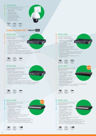 8
Intelbras Multi HD®
|
DVRs–Série1000
MHDX 1008
Gravador digital de vídeo
8 canais – multitecnologias
CONFIGURAÇÃO
EM 3 PASSOS
HDCVI - HDTVI - IP
AHD - ANALÓGICO
5 1em
DOMÍNIO
DINÂMICO
DDNS
Intelbras
»» Compatível com as tecnologias
HDCVI + HDTVI 2.0 + AHD-M/
H + IP + analógica
»» 8 canais de vídeo, 1 entrada
e 1 saída de áudio
»» Capacidade para 1 HD de até 8 TB
»» Saída de vídeo HDMI, VGA e BNC
»» Modo NVR: transforma todos os canais em IP
(10 câmeras IP no total)
»» Função BNC + IP: adiciona mais 2 câmeras IP ao DVR
»» Gravação na resolução 1080N @ 12 FPS ou 5 MP @
7 FPS para câmeras IP
»» Disponível com HD WD Purple de 1, 2 ou 3 TB
instalado de fábrica
DVRs–Série3000
MHDX 3008
Gravador digital de vídeo 8 canais
Intelbras Multi HD®
»» Compatível com as tecnologias
HDCVI + HDTVI 2.0 + AHD-M/H +
IP + analógica
»» 8 canais de vídeo, 1 entrada e
1 saída de áudio
»» Gravação em 1080p – Full HD
»» Suporta câmeras IP de 5 MP
»» Saídas de vídeo independentes BNC + HDMI + VGA
»» Modo NVR: transforma todos os canais em IP
(12 câmeras IP no total)
»» Função BNC + IP: adiciona mais 4 câmeras IP ao DVR
»» Análise inteligente de vídeo: Detecção de face Cerca virtual,
Linha virtual, Objeto abandonado e Objeto removido
»» Disponível com HD WD Purple de 3 TB instalado de fábrica
MHDX 1004
Gravador digital de vídeo 4 canais –
multitecnologias
»» Compatível com as tecnologias HDCVI +
HDTVI 2.0 + AHD-M/H + IP + analógica
»» 4 canais de vídeo, 1 entrada
e 1 saída de áudio
»» Capacidade para 1 HD de até 8 TB
»» Saída de vídeo HDMI, VGA e BNC
»» Modo NVR: transforma todos os canais em IP
(5 câmeras IP no total)
»» Função BNC + IP: adiciona mais 1 câmera IP ao DVR
»» Gravação na resolução 1080N @ 30 FPS ou 1080p @ 30 FPS para câmeras IP
»» Disponível com HD WD Purple de 1 TB instalado de fábrica
CONFIGURAÇÃO
EM 3 PASSOS
HDCVI - HDTVI - IP
AHD - ANALÓGICO
5 1em
SAÍDA BNC
MHDX 1016
Gravador digital de vídeo 16 canais –
multitecnologias
CONFIGURAÇÃO
EM 3 PASSOS
HDCVI - HDTVI - IP
AHD - ANALÓGICO
5 1em
SAÍDA BNC
»» Compatível com as tecnologias HDCVI +
HDTVI 2.0 + AHD-M/H + IP + analógica
»» 16 canais de vídeo, 1 entrada e 1 saída de áudio
»» Capacidade para 1 HD de até 8 TB
»» Saída de vídeo HDMI, VGA e BNC
»» Modo NVR: transforma todos os canais em IP
(18 câmeras IP no total)
»» Função BNC + IP: adiciona mais 2 câmeras IP ao DVR
»» Gravação na resolução 1080N @ 12 FPS ou 5 MP @ 7 FPS para câmeras IP
»» Disponível com HD WD Purple de 1, 3 ou 4 TB instalado de fábrica
NOVO
MHDX 3016
Gravador digital de vídeo 16 canais
Intelbras Multi HD®
»» Compatível com as tecnologias
HDCVI + HDTVI 2.0 + AHD-M/
H + IP + analógica
»» 16 canais de vídeo, 1 entrada e
saída de áudio
»» Gravação em 1080p – Full HD
»» Suporta câmeras IP de 5 MP
»» Saídas de vídeo independentes
BNC + HDMI + VGA
»» Modo NVR: transforma todos os canais em IP
(24 câmeras IP no total)
»» Função BNC + IP: adiciona mais 8 câmeras IP ao DVR
»» Análise inteligente de vídeo: Detecção de face, Cerca virtual,
Linha virtual, Objeto abandonado e Objeto removido
»» Disponível com HD WD Purple de 4 TB instalado de fábrica
DVRs–Série3000
CONFIGURAÇÃO
EM 3 PASSOS
HDCVI - HDTVI - IP
AHD - ANALÓGICO
5 1em
RESOLUÇÃO CONFIGURAÇÃO
EM 3 PASSOS
HDCVI - HDTVI - IP
AHD - ANALÓGICO
5 1em
RESOLUÇÃO
DVRs–Série1000
Câmeras–Série5000
VIP 5230 SD
Câmera IP speed dome Full HD
»» Resolução Full HD – 2 megapixels
(1920 × 1080)
»» Zoom óptico de 30×
»» Inteligência de Vídeo
»» Índice de proteção IP67
»» Cúpula IK10 antivandalismo
»» Entradas/saídas de alarme: 7/2
»» Acesso remoto via iSIC
»» Compatível com Onvif S
RESISTÊNCIA A
VANDALISMO
IK10
ZOOM ÓPTICO
30x
POWER OVER
ETHERNET
PoE+
NOVO
MHDX 1032
Gravador digital de vídeo 32 canais
Intelbras Multi HD®
»» Compatível com as tecnologias
HDCVI + HDTVI 2.0 + AHD-M/
H + IP + analógica
»» 32 canais de vídeo, 1 entrada e
1 saída de áudio
»» Capacidade 2 HDs de até 10 TB
»» Saídas de vídeo independentes
BNC + HDMI + VGA
»» Gravação em 1080N @12 FPS ou
5 MP @ 7 FPS para cameras IP
»» Suporta até 16 cameras IP ( 1×1 - substitui 16 entradas analogicas)
»» Disponível com HD WD instalado de fábrica
CONFIGURAÇÃO
EM 3 PASSOS
HDCVI - HDTVI - IP
AHD - ANALÓGICO
5 1em
SAÍDA BNC
 