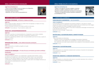 ÁREA: CRIATIVIDADE E INOVAÇÃO

ÁREA: MOBILIZAÇÃO E EXCELÊNCIA

OBJETIVOS ESTRATÉGICOS

OBJETIVOS ESTRATÉGICOS

- Colocar as novas tecnologias ao serviço da relação com os Stakeholders
(clientes; fornecedores; parceiros; comunidade...)
- Concretizar Projetos de Inovação.
- Implementar uma cultura interna de empreendedorismo.

- Progredir na estratégia de crescimento inteligente e sustentável.
- Aproveitar as vantagens competitivas do interior e exterior da
organização: aumentar competitividade internalizando as externalidades.
- Comunicar aos stakeholdres as práticas sustentáveis, rentabilizando a
sua sensibilidade para o tema.

CURSOS E VÍDEO-CONFERÊNCIAS

CURSOS E VÍDEO-CONFERÊNCIAS

NETWORK STRATEGIES . OPTIMIZAR O TRABALHO EM REDE

COMO REDUZIR O DESPERDÍCIO? . LEAN MANAGEMENT

OBJETIVOS
Aplicar as práticas de trabalho colaborativo ao contexto interno da organização e na relação com os seus
parceiros (clientes, fornecedores, parceiros…).
Conhecer ferramentas e serviços de comunicação e partilha de conhecimento.

VÍDEO-CONFERÊNCIA
A economia global necessita de organizações mais produtivas e eficientes, e o Lean pode ser a resposta
adequada para melhorar a sua performance e posição competitiva. Pelo que se pretende expor estas vantagens
e dotar os participantes de conceitos e estratégias introdutórias nesta área.
Será efectuada uma explicitação e referência a casos práticos de aplicação de metodologias e ferramentas Lean.
E serão efectuadas pontes concetuais:
Benchmark do Lean em Portugal – o estado da arte.

DURAÇÃO 7 horas presenciais + 3h para responder a desafios online
INSIDE OUT: INTRAEMPREENDEDORISMO
OBJETIVOS
Demonstrar a importância do intraempreendedorismo, nomeadamente no atual contexto competitivo.
Promover a criatividade, a abertura a novas ideias e, principalmente, a tolerância ao erro.
Desenvolver a capacidade para identificar e avaliar novas oportunidades e para inovar em todos os aspetos do
negócio e da empresa.
DURAÇÃO 8 horas
INOVAÇÃO END TO END – COMO OPERACIONALIZAR A INOVAÇÃO?
OBJETIVOS
Dotar os participantes de competências de gestão da inovação.
DURAÇÃO 14 horas
A PRÁTICA DA INOVAÇÃO – ATITUDES, TÉCNICAS E ATIVIDADES QUE FAZEM AS EMPRESAS
INOVADORAS
VÍDEO-CONFERÊNCIA
As Empresas Inovadoras sustentam a sua competitividade na capacidade de fazer diferente, criando e
aproveitando oportunidades que as outras empresas não vislumbram. Fazem-no, sem necessariamente
investirem em mais, sobretudo asseguram que as novas ideias e novas práticas contribuem para a sua
competitividade e rentabilidade. Pretende-se refletir sobre os aspetos práticos das estratégias empresariais que
visam o reforço da competitividade pela via da inovação.
Vídeo-Debate
DURAÇÃO 4 horas

DURAÇÃO 4 horas
GESTÃO PARA A SUSTENTABILIDADE & COMPETITIVIDADE
OBJETIVOS
- Dotar os participantes de conhecimentos:
Relevantes nos temas da sustentabilidade e de estratégias de dinamização de stakeholders.
Que lhes permitam realizar diagnósticos de sustentabilidade e concretizar análises de benchmark.
Para a identificação dos principais impactes ambientais e para a avaliação do nível de desempenho ambiental.
DURAÇÃO 14 horas
COMUNICAR A SUSTENTABILIDADE
OBJETIVOS
Dotar os participantes com conhecimentos relevantes sobre os processos e mecanismos de comunicação da
Sustentabilidade da sua organização.
DURAÇÃO 7 horas
MARKETING AMBIENTAL E CONSUMO RESPONSÁVEL
OBJETIVOS
Dotar os participantes com conhecimentos sobre consumo e consumidor responsáveis e dar a conhecer as
estratégias e as ferramentas de marketing ambiental.
DURAÇÃO 7 horas

 