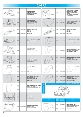 cabeçote montado
1200/1300 (3X1)
chassis head (mounted)
cabezote armado

064

102

103

111.827.025.1

ABERTO

cabeçote montado
1300L/1500/1600 (3X1)
chassis head (mounted)
cabezote armado

065

113.827.025.10

tampa do motor c/ grade e
abertura p/ refri. (80/86)
tailgate w/ grade w/ cooling
openning
tapa del motor motor c/ rejilla
c/ abert. p/ refrig.

tampa do motor (fechada) - (71/86)
tailgate w/o grade
tapa del motor s/ rejilla

067

113.701.059.2

assoalho - esq. (77/79)
floor - lh
piso - izq.

104

113.701.060.4

assoalho - dir. (80/96)
floor - rh
piso - der.

068

113.701.060.2

dir / rh / der

105

113.701.059.4

esq / lh / izq

069

jogo de trilho do banco (77/96)
floor guideway seat assembly
carril del piso armado

110

113.823.031.3

capo dianteiro c/ grade (71/96)
front bonnet (hood) w/ grade
capo delantero c/ rejilla

070

cabeçote montado
1200/1300 - (4X1)
chassis head (mounted)
cabezote armado

111

113.823.031.1

capo dianteiro s/ grade (71/86)
front bonnet (hood) w/o grade
capo delantero s/ rejilla

cabeçote montado
1300L/1500/1600 (4X1)
chassis head (mounted)
cabezote armado

112

113.821.106.3

071

paralama dianteiro - dir. (73/96)
front fender - rh
guardabarro delantero - der.

113

113.821.105.3

esq / lh / izq

090

113.831.052.6

porta - dir. (77/96)
door - rh
puerta completa - der.

114

113.821.306.4

paralama traseiro - dir. (71/79)
rear fender - rh
guardabarro trasero - der.

091

113.831.051.5

esq / lh / izq

115

113.821.305.4

esq / lh / izq

096

folha de porta - dir. (77/96)
ext. door panel - rh
panel ext. de puerta - der.

116

111.821.306.M

paralama traseiro - dir. (77/96)
rear fender - rh
guardabarro trasero - der.

097

esq / lh / izq

117

111.821.305.M

esq / lh / izq (77/86)

098

meia folha de porta - dir. (77/96)
half ext. door panel - rh
medio panel ext. de puerta - der.

099

esq / lh / izq

100

frente montada
front assembly
frente armada

101

10

113.827.025.11

tampa de motor c/ grade
tailgate w/ grade
tapa del motor c/ rejilla

V
O
L
K
S
W
A
G
E
N

FUSCA - 1971

Produto
Product
Produto

1976

Descrição
Description
Descrición

Nº IGP
IGP num.

Nº Original
Original Num.

018

113.809.086

lateral diant. int. - dir.
internal front wheel housing - rh
lateral delantera int. - der.

019

113.809.085

esq / lh / izq

 