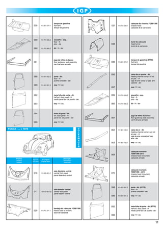 039

113.201.075.1

059

113.701.059.Z

060

113.701.060.Z

tanque de gasolina
fuel tank
tanque de gasolina

031

assoalho - esq.
floor - lh
piso - izq.
dir / rh / der

039

cabeçote do chassis - 1200/1300
chassis head
cabezote de la carroceria

tunel do cabeçote
head tunnel
tunel de la carroceria

038

jogo de trilho do banco
floor guideway seat assembly
carril del piso armado

061

113.701.035.1

113.201.075.1

tanque de gasolina (67/69)
fuel tank
tanque de gasolina

113.831.052.3

porta - dir.
door - rh
puerta completa - der.

089

113.831.051.3

056

esq / lh / izq

caixa de ar quente - dir.
heating channel compl. w/ hot
air pas. - rh
caja de aire compl. c/ pas. aire
caliente - der.

057

088

esq / lh / izq

092

meia folha de porta - dir.
half ext. door panel - rh
medio panel ext. de puerta - der.

059

113.701.059.Z

assoalho - esq.
floor - lh
piso - izq.

093

esq / lh / izq

060

113.701.060.Z

dir / rh / der

094

folha de porta - dir.
ext. door panel - rh
panel ext. de puerta - der.

061

095

FUSCA - ...

jogo de trilho do banco
floor guideway seat assembly
carril del piso armado

esq / lh / izq

V
O
L
K
S
W
A
G
E
N

1970

062

111.801.106.1

caixa de ar - dir.
heating channel compl. w/o hot
air pas. - rh
caja de aire completa s/ pas.
aire - der.

063

111.801.105.1

esq / lh / izq

064

070

Nº Original
Original Num.

016

113.805.591.Z

saia dianteira central
central front panel	
panel delantero central

saia traseira central
central rear panel	
panel trasero central

017

029

113.701.311.1

cabeçote montado
1200/1300 - (4X1)
chassis head (mounted)
cabezote armado

Descrição
Description
Descrición

Nº IGP
IGP num.

	CZ.103.318.311

Produto
Product
Produto

cabeçote montado
1200/1300 (3X1)
chassis head (mounted)
cabezote armado

	

bandeja do cabeçote -1200/1300
head’s base of chassis
base del cabezote

088

113.831.052.3

porta - dir. (67/70)
door - rh
puerta completa - der.

089

113.831.051.3

esq / lh / izq

092

meia folha de porta - dir. (67/70)
half ext. door panel - rh
medio panel ext. de puerta - der.

093

esq / lh / izq

11

 
