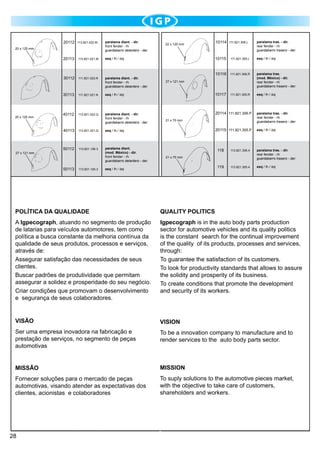 20112

113.821.022.M	

20113

113.821.021.M

30112

111.821.022.N

paralama diant. - dir.	
front fender - rh
guardabarro delantero - der.

30113

111.821.021.N

20 x 125 mm

40112

113.821.022.Q

paralama diant. - dir.	
front fender - rh
guardabarro delantero - der.

40113

27 x 121 mm

113.821.021.Q

113.821.106.3

paralama diant.
(mod. México) - dir.	
front fender - rh
guardabarro delantero - der.

50113

113.821.105.3

esq / lh / izq

111.821.306.R

paralama tras.
(mod. México) - dir.	
	
rear fender - rh
guardabarro trasero - der.

111.821.305.R

esq / lh / izq

27 x 121 mm

paralama tras. - dir.	
rear fender - rh
guardabarro trasero - der.

20114 111.821.306.P

paralama tras. - dir.	
rear fender - rh
guardabarro trasero - der.

20115 111.821.305.P

esq / lh / izq

21 x 70 mm

esq / lh / izq

50112

111.821.305.L

10117

esq / lh / izq

111.821.306.L	

10116

22 x 125 mm

10114

10115

esq / lh / izq

20 x 125 mm

paralama diant. - dir.	
front fender - rh
guardabarro delantero - der.

118

113.821.306.4

paralama tras. - dir.	
rear fender - rh
guardabarro trasero - der.

119

113.821.305.4

esq / lh / izq

21 x 70 mm

esq / lh / izq

POLÍTICA DA QUALIDADE

QUALITY POLITICS

A Igpecograph, atuando no segmento de produção
de latarias para veículos automotores, tem como
política a busca constante da melhoria contínua da
qualidade de seus produtos, processos e serviços,
através de:
Assegurar satisfação das necessidades de seus
clientes.
Buscar padrões de produtividade que permitam
assegurar a solidez e prosperidade do seu negócio.
Criar condições que promovam o desenvolvimento
e segurança de seus colaboradores.

Igpecograph is in the auto body parts production
sector for automotive vehicles and its quality politics
is the constant search for the continual improvement
of the quality of its products, processes and services,
through:
To guarantee the satisfaction of its customers.
To look for productivity standards that allows to assure
the solidity and prosperity of its business.
To create conditions that promote the development
and security of its workers.

Visão

Vision

Ser uma empresa inovadora na fabricação e
prestação de serviços, no segmento de peças
automotivas

To be a innovation company to manufacture and to
render services to the auto body parts sector.

Missão

Mission

Fornecer soluções para o mercado de peças
automotivas, visando atender as expectativas dos
clientes, acionistas e colaboradores

To suply solutions to the automotive pieces market,
with the objective to take care of customers,
shareholders and workers.

28

 