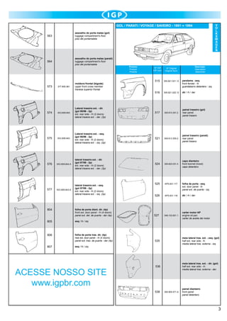 GOL / PARATI / VOYAGE / SAVEIRO - 1991
563

assoalho do porta malas (gol)
luggage compartment’s floor
piso del portamaleta

564

assoalho do porta malas (parati)
luggage compartment’s floor
piso del portamaleta

V
O
L
K
S
W
A
G
E
N

1994

573

377.805.581

moldura frontal (bigode)
upper front cross member
travesa superior frontal

Produto
Product
Produto

Descrição
Description
Descrición

Nº IGP
IGP num.

Nº Original
Original Num.

515

305.821.021.13

paralama - esq.
front fender - lh
guardabarro delantero - izq.

516

305.821.022.12

dir / rh / der

574

5X3.809.844

Lateral traseira ext. - dir.
(gol 95/96 - 2p)
ext. rear side - rh (2 doors)
lateral trasera ext. - der. (2p)

517

305.813.301.2

painel traseiro (gol)
rear panel
panel trasero

575

5X3.809.843

Lateral traseira ext. - esq.
(gol 95/96 - 2p)
ext. rear side - lh (2 doors)
lateral trasera ext. - izq. (2p)

521

309.813.305-2

painel traseiro (parati)
rear panel
panel trasero

576

5X3.809.844.A

lateral traseira ext. - dir.
(gol 97/99 - 2p)
ext. rear side - rh (2 doors)
lateral trasera ext. - der. (2p)

524

305.823.031.4

capo dianteiro
front bonnet (hood)
capo delantero

APS.831.117

5X3.809.843.A

lateral traseira ext. - esq.
(gol 97/99 - 2p)
ext. rear side - lh (2 doors)
lateral trasera ext. - izq. (2p)

525

577

folha de porta - esq.
ext. door panel - lh
panel ext. de puerta - izq.

526

APS.831.118

dir / rh / der

048.103.601.1

carter motor AP
engine oil pan
carter de aceite del motor

804

folha de porta diant. dir. (4p)
front ext. door panel - rh (4 doors)
panel ext. del. de puerta - der (4p)

805

esq / lh / izq

806

folha de porta tras. dir. (4p)
rear ext. door panel - rh (4 doors)
panel ext. tras. de puerta - der (4p)

527

807

535

meia lateral tras. ext. - esq. (gol)
half ext. rear side - lh
media lateral tras. externa - izq.

536

meia lateral tras. ext. - dir. (gol)
half ext. rear side - rh
media lateral tras. externa - der.

esq / lh / izq

ACESSE NOSSO SITE
www.igpbr.com

538

305.805.571.A

painel dianteiro
front panel
panel delantero

3

 