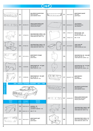 saia inferior do painel diant.
lower front panel
panel delantero inferior

521

309.813.305-2

painel traseiro (parati)
rear panel
panel trasero

305.803.407.4

reforço painel traseiro (gol)
reinforcement rear panel
refuerzo panel trasero

523

305.823.031.3

capo dianteiro	
front bonnet (hood)
capo delantero

525

APS.831.117

APS.809.103

meia lateral diant. interna - esq.
half int. front wheel housing - lh
media lateral del. interna - izq.

526

APS.831.118

048.103.601.1

542

547

557

folha de porta - esq. 	
ext. door panel - lh
panel ext. de puerta - izq.
		
dir / rh / der

558

meia lateral diant. interna - dir.
half int. front wheel housing - rh
media lateral del. interna - der.

527

567

307.813.301.4

painel traseiro (voyage)
rear panel
panel trasero

535

meia lateral tras. ext. - esq. (gol)
half ext. rear side - lh		
media lateral tras. externa - izq.

570

305.809.844

lateral traseira ext. - dir. (gol)
ext. rear side - rh
lateral trasera ext. - der.

536

meia lateral tras. ext. - dir. (gol)	
half ext. rear side - rh		
media lateral tras. externa - der.

571

V
O
L
K
S
W
A
G
E
N

APS.809.104

305.809.843

lateral traseira ext. - esq. (gol)
ext. rear side - lh
lateral trasera ext - izq.

537

GOL / PARATI / VOYAGE / SAVEIRO - 1987

saia inferior do painel diant. 	
lower front panel		
panel delantero inferior

541

Produto
Product
Produto

Nº IGP
IGP num.

Nº Original
Original Num.

508

305.821.022.10

509

305.821.021.10

517

305.813.301.2

Descrição
Description
Descrición

paralama - dir.
front fender - rh
guardabarro delantero - der.

305.803.407.4

reforço painel traseiro (gol)	
reinforcement rear panel		
refuerzo panel trasero

555

meia lateral diant. interna - esq. 	
half int. front wheel housing - lh	
media lateral del. interna - izq.

556

meia lateral diant. interna - dir.	
half int. front wheel housing - rh	
media lateral del. interna - der.

esq / lh / izq	

painel traseiro (gol)	
rear panel
panel trasero

painel dianteiro 		
front panel
panel delantero

1990

547

4

305.805.571.18

carter motor AP	
engine oil pan	
carter de aceite del motor	

 