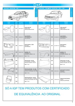 SANTANA / QUANTUM - 1991

Produto
Product
Produto

V
O
L
K
S
W
A
G
E
N

...

Nº IGP
IGP num.

527

048.103.601.1

588

Descrição
Description
Descrición

Nº Original
Original Num.

SANTANA - 1985

Produto
Product
Produto

1990 / QUANTUM - 1986

1990

V
O
L
K
S
W
A
G
E
N

Descrição
Description
Descrición

Nº IGP
IGP num.

Nº Original
Original Num.

carter motor AP
engine oil pan
carter de aceite del motor

527

048.103.601.1

carter motor AP
engine oil pan
carter de aceite del motor

325.823.031.1

capo dianteiro
front bonnet (hood)
capo delantero

580

321.823.031.C

capo dianteiro
front bonnet (hood)
capo delantero

589

325.805.571.1

painel dianteiro - 91/98
front panel
panel delantero

581

321.805.571.Q

painel dianteiro
front panel
panel delantero

590

325.821.022.1

paralama - dir.
front fender - rh
guardabarro delantero - der.

582

321.821.022.N

paralama - dir.
front fender - rh
guardabarro delantero - der.

591

325.821.021.1

esq / lh / izq

583

321.821.021.N

esq / lh / izq

596

folha de porta - dir. (2p)
ext. door panel - rh (2 doors)
panel ext. de puerta - der. (2p)

584

folha de porta - dir. (2p)
ext. door panel - rh (2 doors)
panel ext. de puerta - der. (2p)

597

esq / lh / izq

585

esq / lh / izq

892

folha de porta diant. - dir. (4p)
front ext. door panel - rh (4 doors)
panel ext. del. de puerta - der. (4p)

586

ZBC.813.301

painel traseiro (santana)
rear panel
panel trasero

587

ZBC.827.025

tampa da mala (santana)
trunk lid
tampa de la portamaleta

893

esq / lh / izq

894

folha de porta tras. - dir. (4p)
rear ext. door panel - rh (4 doors)
panel ext. tras. de puerta - der. (4p)

895

esq / lh / izq

SÓ A IGP TEM PRODUTOS COM CERTIFICADO
DE EQUIVALÊNCIA AO ORIGINAL
7

 