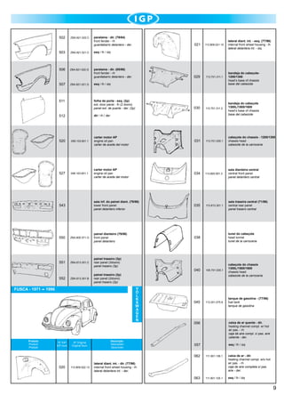 502

ZBA.821.022.C

paralama - dir. (79/84)
front fender - rh
guardabarro delantero - der.

503

ZBA.821.021.C

ZBA.821.022.G

029

113.701.311.1

030

paralama - dir. (85/86)
front fender - rh
guardabarro delantero - der.

113.809.021.10

113.701.311.2

bandeja do cabeçote
1300L/1500/1600
head’s base of chassis
base del cabezote

esq / lh / izq

506

507

ZBA.821.021.G

511

esq / lh / izq

folha de porta - esq. (2p)
ext. door panel - lh (2 doors)
panel ext. de puerta - der. (2p)

512

lateral diant. int. - esq. (77/96)
internal front wheel housing - lh
lateral delantera int. - izq.

021

dir / rh / der

bandeja do cabeçote1200/1300
head’s base of chassis
base del cabezote

520

056.103.601.1

carter motor AP
engine oil pan
carter de aceite del motor

031

113.701.035.1

cabeçote do chassis - 1200/1300
chassis head
cabezote de la carroceria

527

048.103.601.1

carter motor AP
engine oil pan
carter de aceite del motor

034

113.805.591.3

saia dianteira central
central front panel
panel delantero central

saia inf. do painel diant. (79/86)
lower front panel
panel delantero inferior

035

113.813.301.1

saia traseira central (71/86)
central rear panel
panel trasero central

038

543

550

ZBA.805.571.G

painel dianteiro (79/86)
front panel
panel delantero

551

ZBA.813.301.C

painel traseiro (3p)
rear panel (3doors)
panel trasero (3p)

552

FUSCA - 1971

Produto
Product
Produto

ZBA.813.301.B

040

V
O
L
K
S
W
A
G
E
N

Nº Original
Original Num.

105.701.035.1

cabeçote do chassis
1300L/1500/1600
chassis head
cabezote de la carroceria

045

113.201.075.8

tanque de gasolina - (77/96)
fuel tank
tanque de gasolina

painel traseiro (2p)
rear panel (2doors)
panel trasero (2p)

1996

Nº IGP
IGP num.

tunel do cabeçote
head tunnel
tunel de la carroceria

Descrição
Description
Descrición

056

caixa de ar quente - dir.
heating channel compl. w/ hot
air pas. - rh
caja de aire compl. c/ pas. aire
caliente - der.

057

esq / lh / izq

062
020

113.809.022.13

111.801.106.1

caixa de ar - dir.
heating channel compl. w/o hot
air pas. - rh
caja de aire completa s/ pas.
aire - der.

063

111.801.105.1

esq / lh / izq

lateral diant. int. - dir. (77/96)
internal front wheel housing - rh
lateral delantera int. - der.

9

 