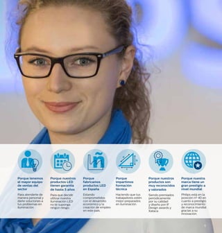 Porque tenemos
el mayor equipo
de ventas del
sector
Para atenderte de
manera personal y
darte soluciones a
tus problemas en
iluminación.
Porque nuestros
productos LED
tienen garantía
de hasta 5 años
Para que decidir
utilizar nuestra
iluminación LED
no te suponga
ningún riesgo.
Porque
fabricamos
productos LED
en España
Estando
comprometidos
con el desarrollo
económico y la
creación de empleo
en este país.
Porque
impartimos
formación
técnica
Haciendo que tus
trabajadores estén
mejor preparados
en iluminación.
Porque nuestros
productos son
muy reconocidos
y valorados
Siendo premiados
periódicamente
por su calidad
y diseño por IF
Design awards y
Xataca.
Porque nuestra
marca tiene un
gran prestigio a
nivel mundial
Philips está en la
posición nº 40 en
cuanto a prestigio
y reconocimiento
de marca mundial
gracias a su
innovación.
11
 