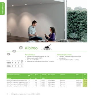 Residencial
116 Catálogo de Lámparas y Luminarias LED | Junio 2016
Albireo
Características:
•	 Set de 3 focos empotrables de 4W
•	 Cabeza orientable (30º)
•	 Haz de luz de 40º
•	 Material de alta calidad (aluminio fundido)
Ventajas/aplicaciones:
•	 3 drivers. Permiten más libertad de
colocación
•	 Luz directa, blanca fría o cálida
Descripción de producto
Poten-
cia
Flujo Vida útil Tipo lámpara Material EOC PVR
Albireo W lm horas €
Albireo foco empotrable 3L blanco 2700K 4 420 15000 LED integrado Aluminio 450903116 42,98
Albireo foco empotrable 3L aluminio 2700K 4 420 15000 LED integrado Aluminio 450904816 42,98
Albireo foco empotrable 3L blanco 4000K 4 440 15000 LED integrado Aluminio 450913116 42,98
Albireo foco empotrable 3L aluminio 4000K 4 440 15000 LED integrado Aluminio 450914816 42,98
Producto Alto Largo Profundo
Diám.
corte
450903116 84 84 55 67
450904816 84 84 55 67
450913116 84 84 55 67
450914816 84 84 55 67
 