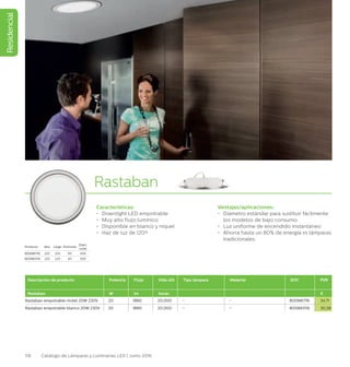 Residencial
118 Catálogo de Lámparas y Luminarias LED | Junio 2016
Rastaban
Características:
•	 Downlight LED empotrable
•	 Muy alto flujo lumínico
•	 Disponible en blanco y níquel
•	 Haz de luz de 120º
Ventajas/aplicaciones:
•	 Diámetro estándar para sustituir fácilmente
los modelos de bajo consumo
•	 Luz uniforme de encendido instantáneo
•	 Ahorra hasta un 80% de energía vs lámparas
tradicionales
Descripción de producto Potencia Flujo Vida útil Tipo lámpara Material EOC PVR
Rastaban W lm horas €
Rastaban empotrable nickel 20W 230V 20 1880 20.000 – – 800881716 34,71
Rastaban empotrable blanco 20W 230V 20 1880 20.000 – – 800883116 30,58
Producto Alto Largo Profundo
Diám.
corte
800881716 225 225 65 200
800883116 225 225 65 200
 