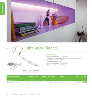 Residencial
122 Catálogo de Lámparas y Luminarias LED | Junio 2016
LightStrips Blanco
Características:
•	 Banda flexible de LED (210 uds.)
•	 Se puede recortar para ajustarlo a cualquier longitud
•	 Luz blanca intensa–3200K–
•	 Voltaje de salida: 12V
•	 Incluye adaptador e interruptor
•	 Solo para uso en interiores
Descripción de producto Potencia Flujo Vida útil Tipo lámpara Material EOC PVR
LightStrips Blanco W lm horas €
LightStrips Extend Blanco 5m 25 250 lm/m – 210 LED (incluidas) Sintético 7098087PH 57,02
Producto Alto Largo Profundo
7098087PH 10 5.000 3
 