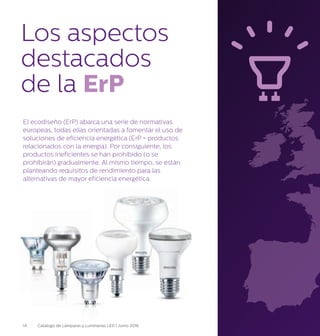 Los aspectos
destacados
de la ErP
El ecodiseño (ErP) abarca una serie de normativas
europeas, todas ellas orientadas a fomentar el uso de
soluciones de eficiencia energética (ErP = productos
relacionados con la energía). Por consiguiente, los
productos ineficientes se han prohibido (o se
prohibirán) gradualmente. Al mismo tiempo, se están
planteando requisitos de rendimiento para las
alternativas de mayor eficiencia energética.
14 Catálogo de Lámparas y Luminarias LED | Junio 2016
 