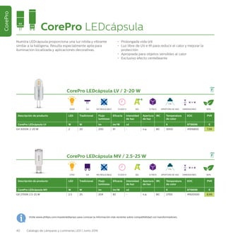 40 Catálogo de Lámparas y Luminarias LED | Junio 2016
CorePro
CorePro LEDcápsula
G4
Visite www.philips.com/masterledlamps para conocer la información más reciente sobre compatibilidad con transformadores.
G9
CorePro LEDcápsula MV / 2.5-25 W
Descripción de producto LED Tradicional Flujo
luminoso
Eficacia Intensidad
de haz
Apertura
de haz
IRC Temperatura
de color
EOC PVR
CorePro LEDcápsula MV W W lm lm/W cd ˚ K 8718696 €
G9 2700K 2.5-25 W 2.5 25 204 82 - n.a. 80 2700 41920500 8,99
2700 G9 15.000 H EEL 12 PACK 90%APERTURA DE HAZ
n.a.
DIMENSIONES
53 18
NO REGULABLE
CorePro LEDcápsula LV / 2-20 W
Descripción de producto LED Tradicional Flujo
luminoso
Eficacia Intensidad
de haz
Apertura
de haz
IRC Temperatura
de color
EOC PVR
CorePro LEDcápsula LV W W lm lm/W cd ˚ K 8718696 €
G4 3000K 2-20 W 2 20 200 91 - n.a. 80 3000 41916800 7,99
3000 G4 15.000 H EEL 12 PACK 90%APERTURA DE HAZ
n.a.
DIMENSIONES
45 14
NO REGULABLE
Nuestra LEDcápsula proporciona una luz nítida y vibrante
similar a la halógena. Resulta especialmente apta para
iluminación localizada y aplicaciones decorativas.
•	 Prolongada vida útil
•	 Luz libre de UV e IR para reducir el calor y mejorar la
protección
•	 Apropiada para objetos sensibles al calor
•	 Exclusivo efecto centelleante
 