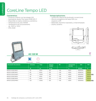 82 Catálogo de Lámparas y Luminarias LED | Junio 2016
LUMINARIAS
40-120 W
Descripción de producto Consumo Flujo Eficacia
Unidad
IRC Temperatura
de color
EOC PVR
W lm lm/W K 8718291 €
BVP120 LED40/NM S 40 4000 100 =80 4000 29585500 280,00
BVP120 LED80/NM S 80 8000 100 =80 4000 29586200 350,00
BVP120 LED120/NM S 120 12000 100 =80 4000 29587900 395,00
BVP120 LED40/NM A 40 4000 100 =80 4000 29588600 280,00
BVP120 LED80/NM A 80 8000 100 =80 4000 29589300 350,00
BVP120 LED120/NM A 120 12000 100 =80 4000 29590900 395,00
NO REGULABLE 50.000 H
CoreLine Tempo LED
410
129
63
379
370
360 58
454
Φ18
16
410
129
63
379
370
360 58
454
Φ18
16
Características:
•	 Proyector exterior con tecnología LED
•	 Equivalente desde 70w hasta 250W HPI-P
•	 Disponible en óptica simétrica y asimétrica
•	 Temperatura de color 4000K
•	 Temperatura de funcionamiento
de -20ºC a +35ºC
•	 IP65, IK08
Ventajas/aplicaciones:
•	 Sustitución directa de alumbrado convencional
•	 Ahorros energéticos de hasta 50% con
respecto a HPI
•	 Materiales: Aluminio inyectado y cristal templado
•	 Diseño ultrafino
 